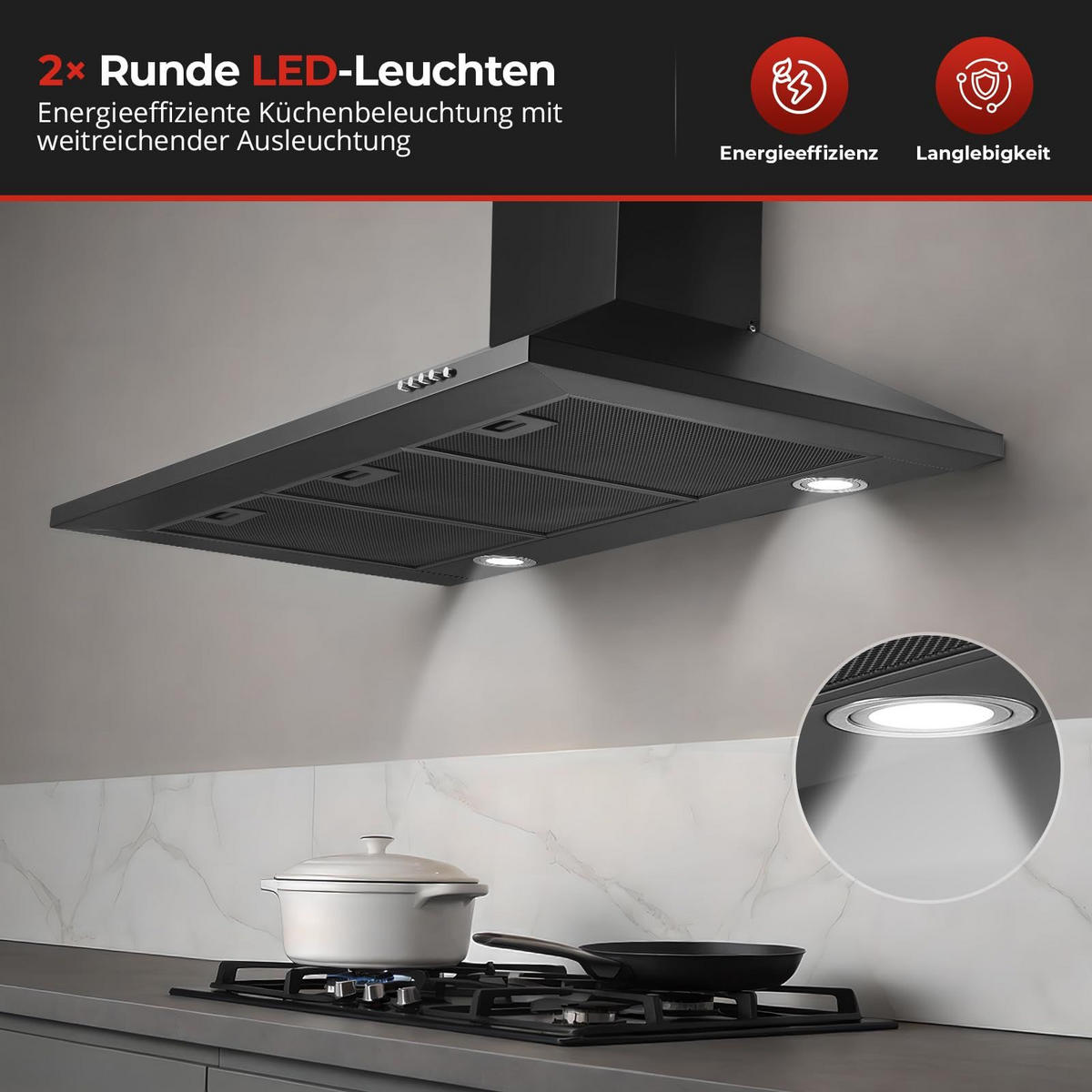 DUNSTABZUGSHAUBE Edelstahl mit LED-Beleuchtung, Aktivkohlefilter, Filter - Schwarz, Metall (25.6/56.71/96.52cm) - Korfee