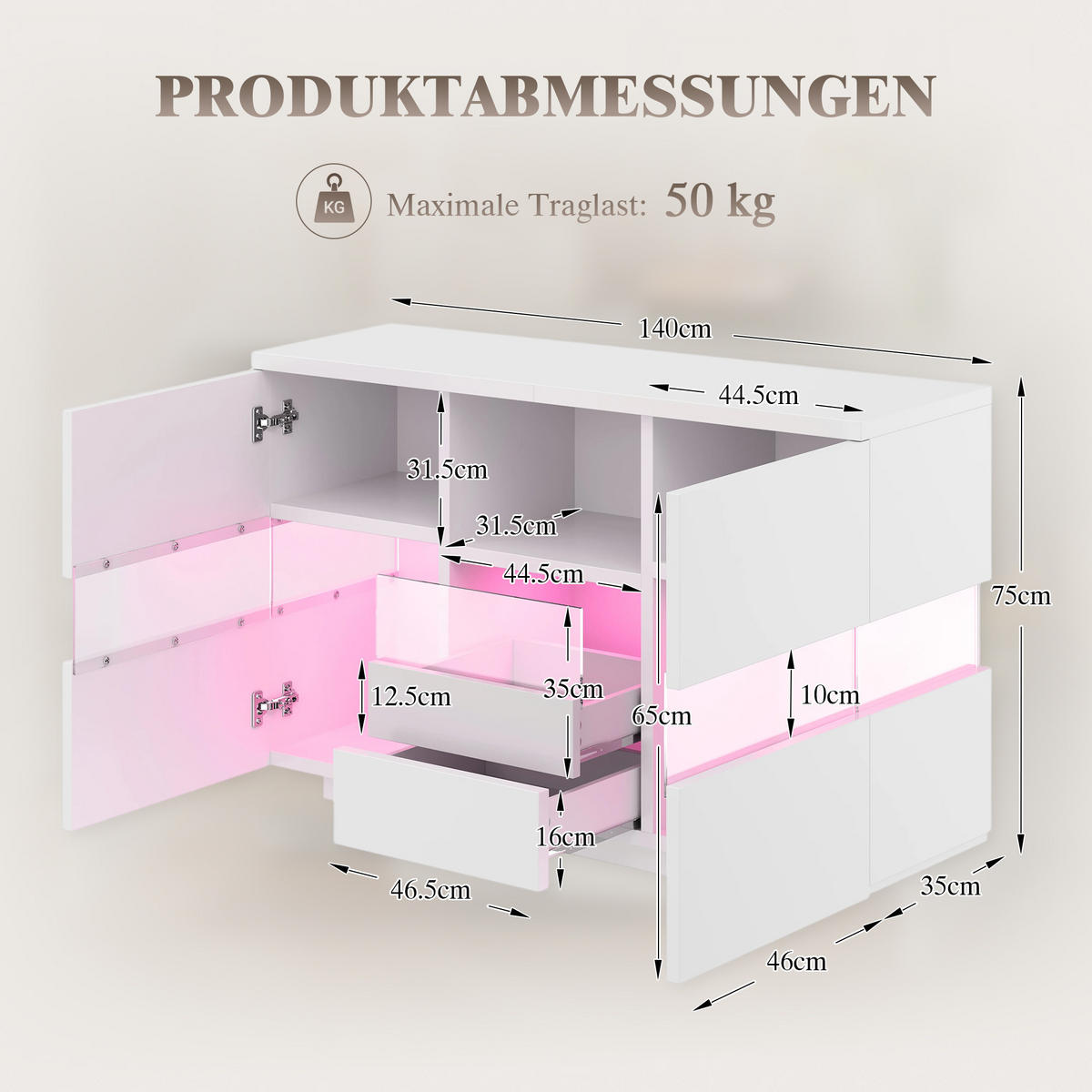 SIDEBOARD 140/35/75 cm in Weiß mit Glas-Elementen, Schubladen & offenen Fächern - Weiß, Holzwerkstoff (140/75/35cm) - BEAOK