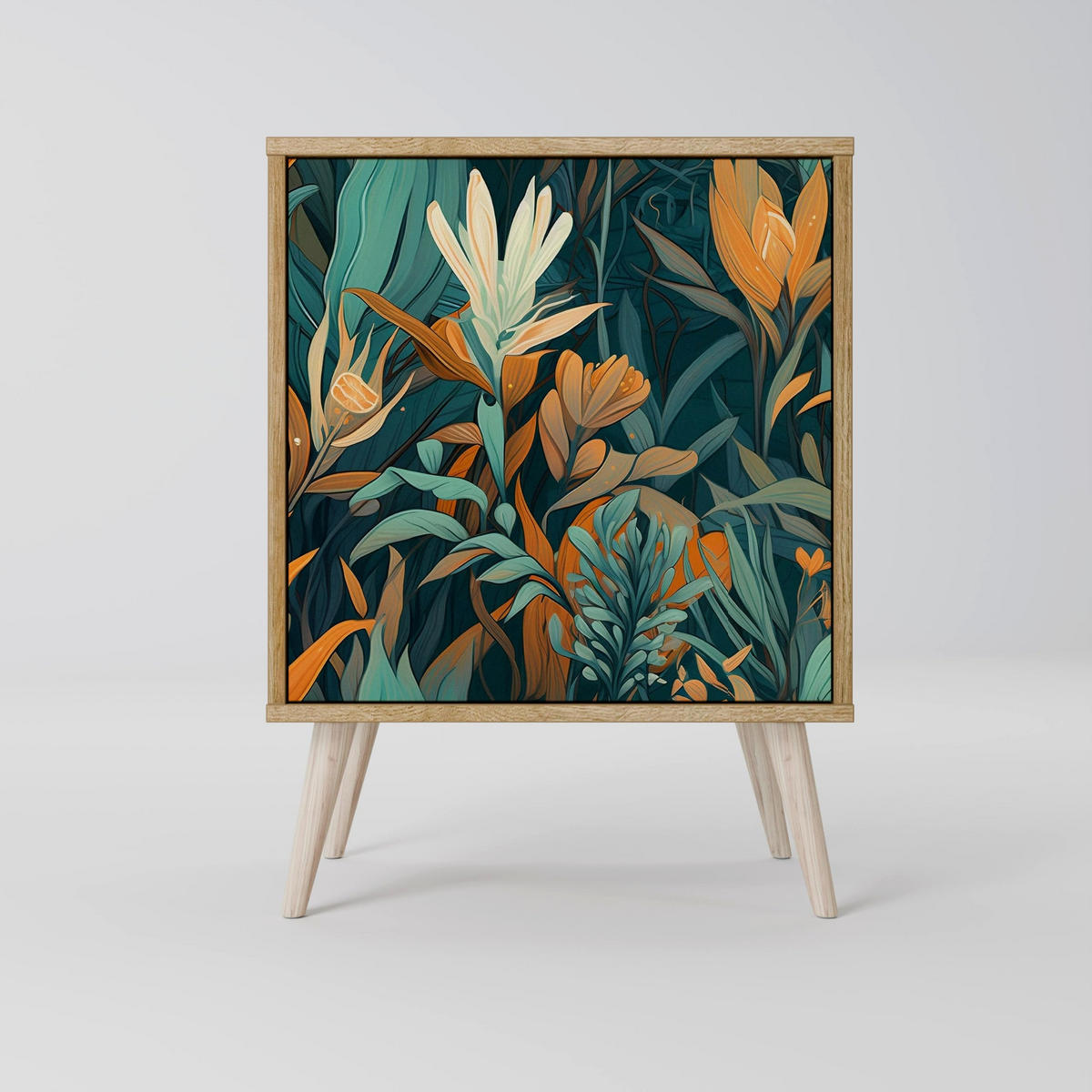 SIDEBOARD FLORAL SERENITY, Grau, 57,5x42x77,5 cm, Schräge Buchenholzfüße - Buchefarben/Multicolor, Holzwerkstoff/Buchenholz (57.5/77.5/42cm) - SpaceRebels