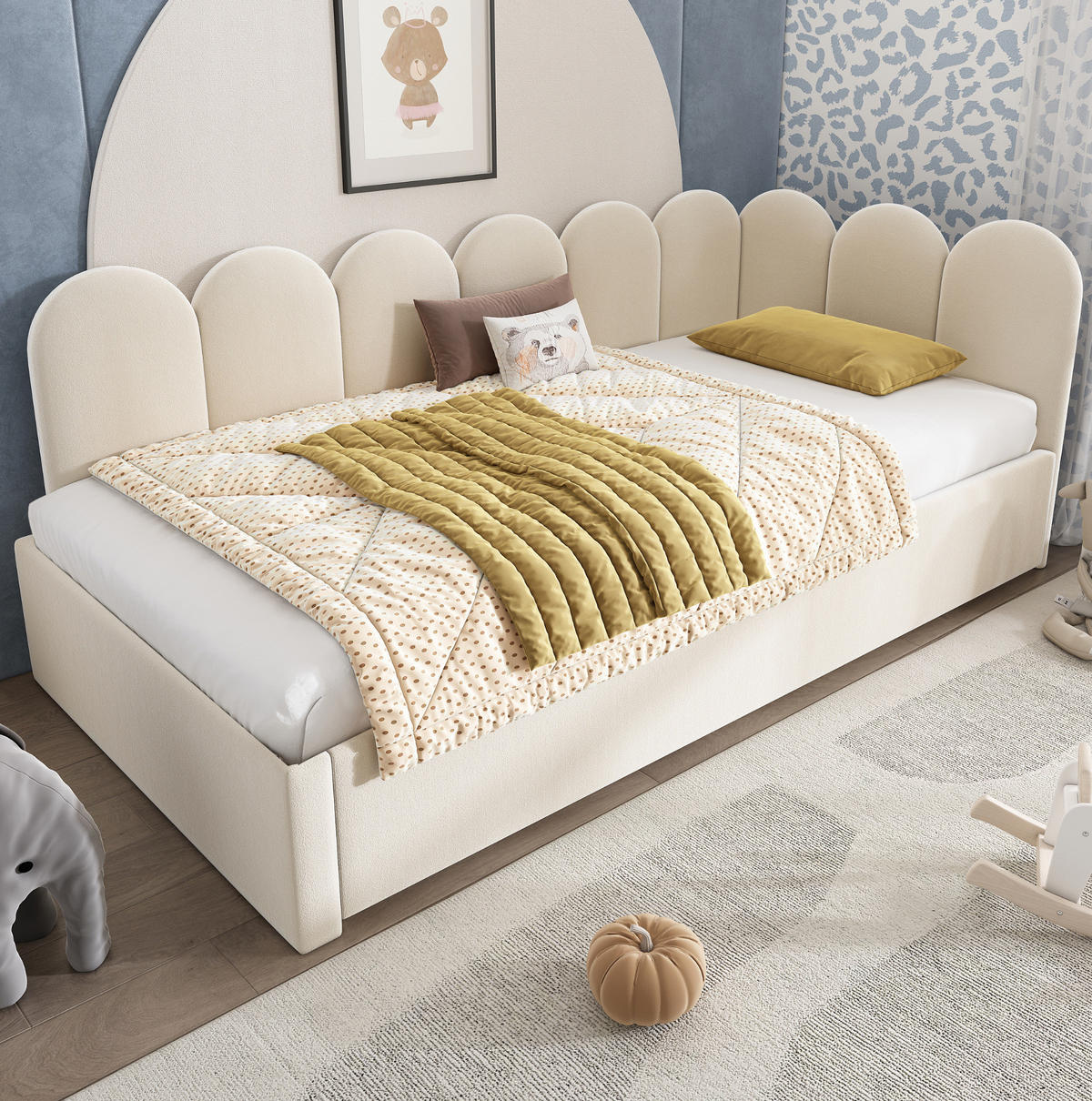 KINDERBETT Polsterbett 90/200 cm aus Samt mit Ausziehbett Beige - Beige, Textil (90/200cm) - Modenvie