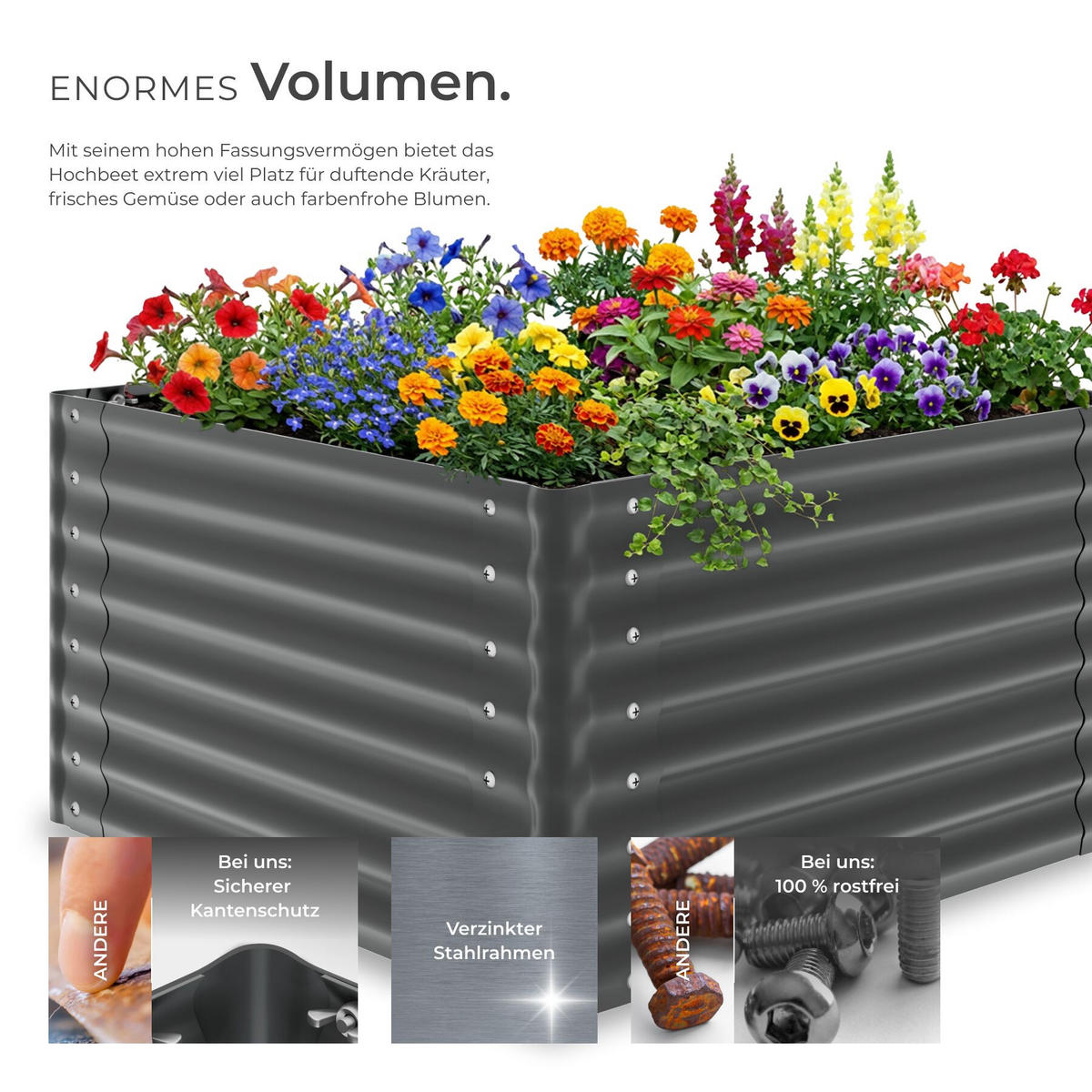 HOCHBEET Blomma, mit offenem Boden und abgerundeten Kanten, anthrazit - Anthrazit, Metall (100/62/100cm) - tectake