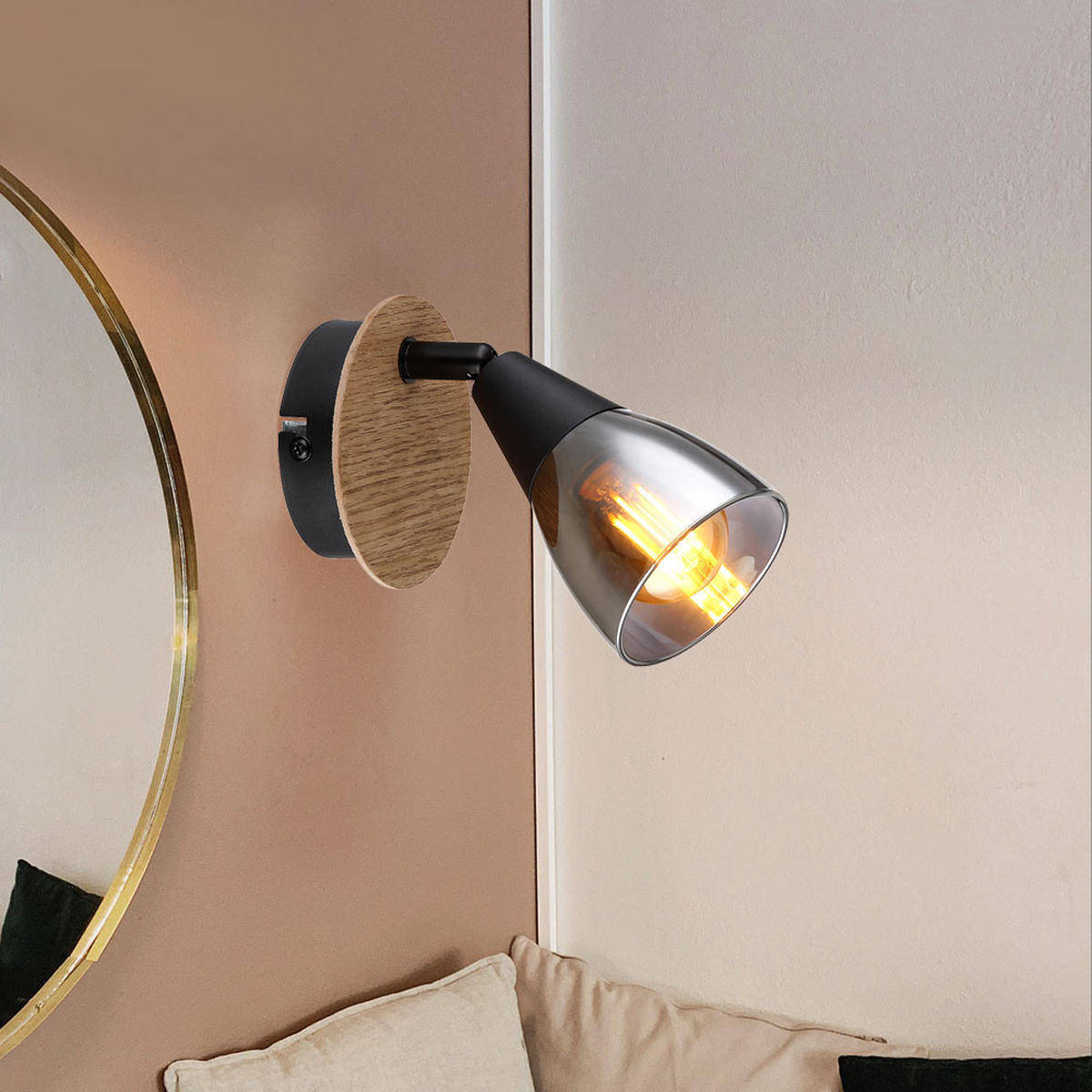 WANDLEUCHTE Metall Braun schwenkbar - Schwarz, Holz (8/13/16cm) - Globo Lighting