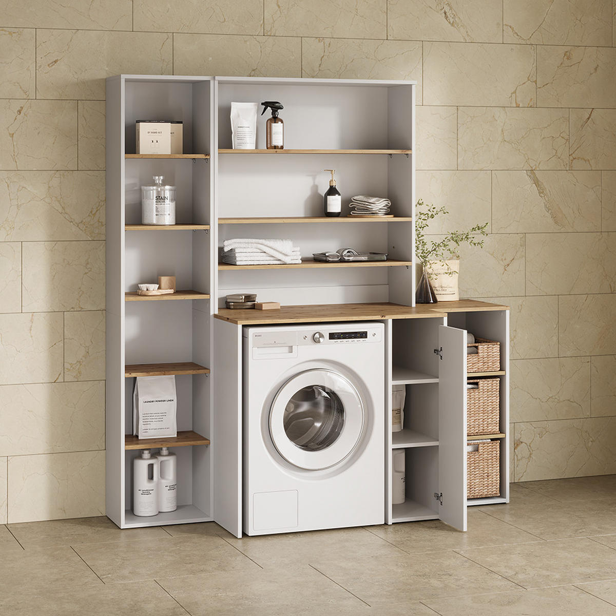 BADSCHRANK Paolina Weiß/Artisan 93.6 x 100.4 cm mit offenen Regalen - Weiß/Eiche Artisan, Holzwerkstoff (93.6/100.4/29cm) - Livinity®