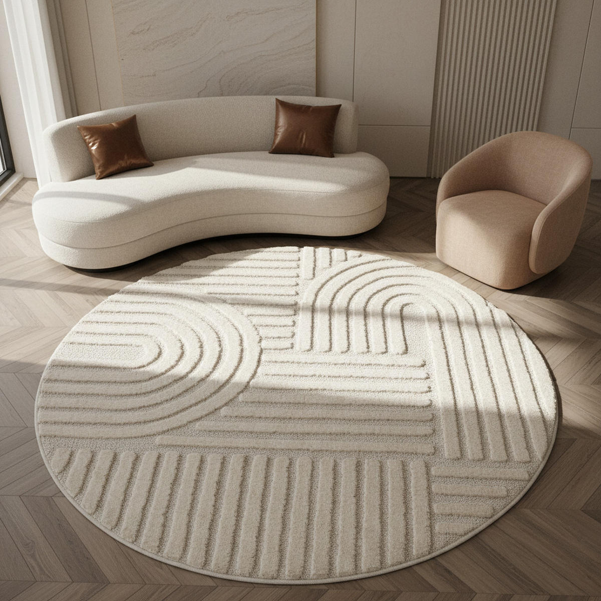 TEPPICH 3D-Effekt Skandinavischer Boho Skulptural Waschbar Esszimmer Rund Creme 160x160 cm – RIGI - Beige, Textil (160/160cm) - KADIMA DESIGN