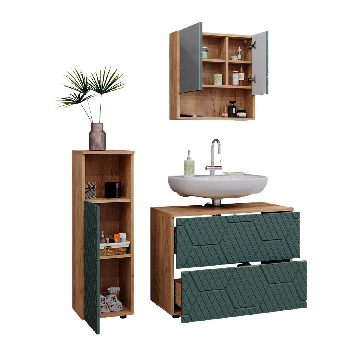 BADMÖBEL-SET Irma Grün 3 Teile, mit Midischrank - Eiche Wotan/Grün, Holzwerkstoff (80/58.6/41cm) - Vicco