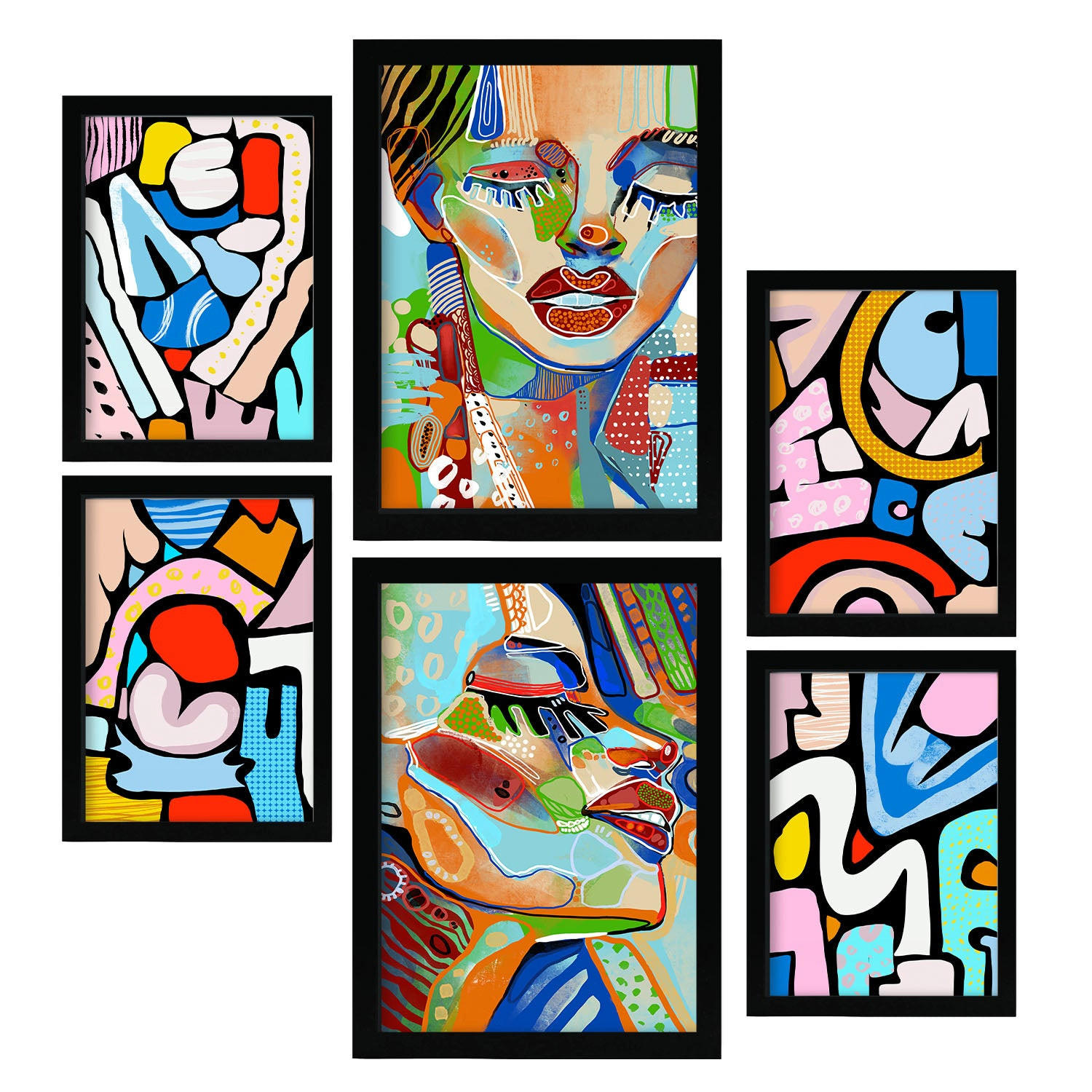 POSTER Set Mit 6 Lady Mazarelli In Weibliche Zusammenfassung Ästhetische Dekorative Gemälde Für Ihr Wohnzimmer Zuhause A3 & A4 Schwarzer Rahmen - Schwarz, Papier (29/3cm) - Nacnic