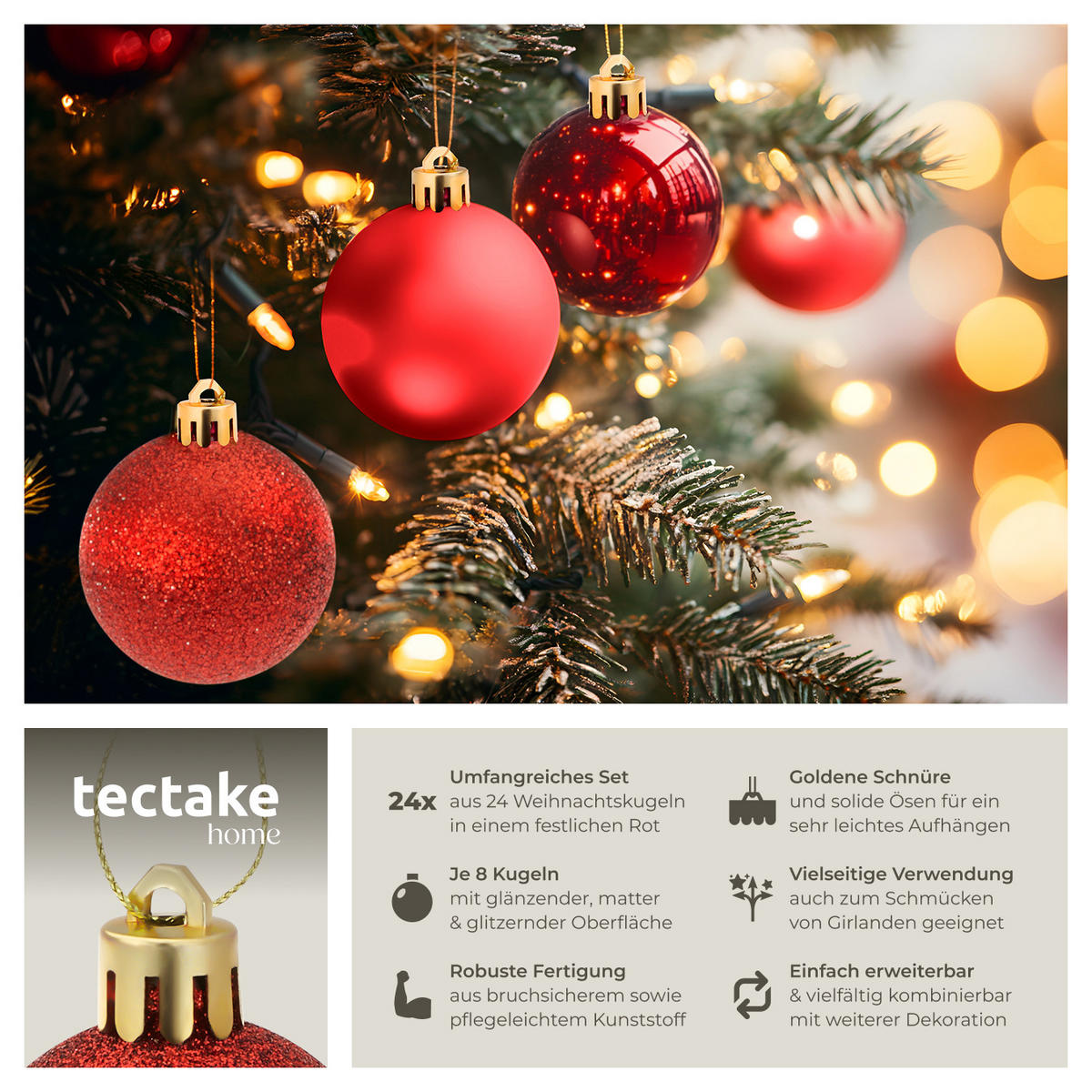 WEIHNACHTSKUGELN ,Durchmesser 4 cm,rot - Rot, Textil (4/4/4cm) - tectake