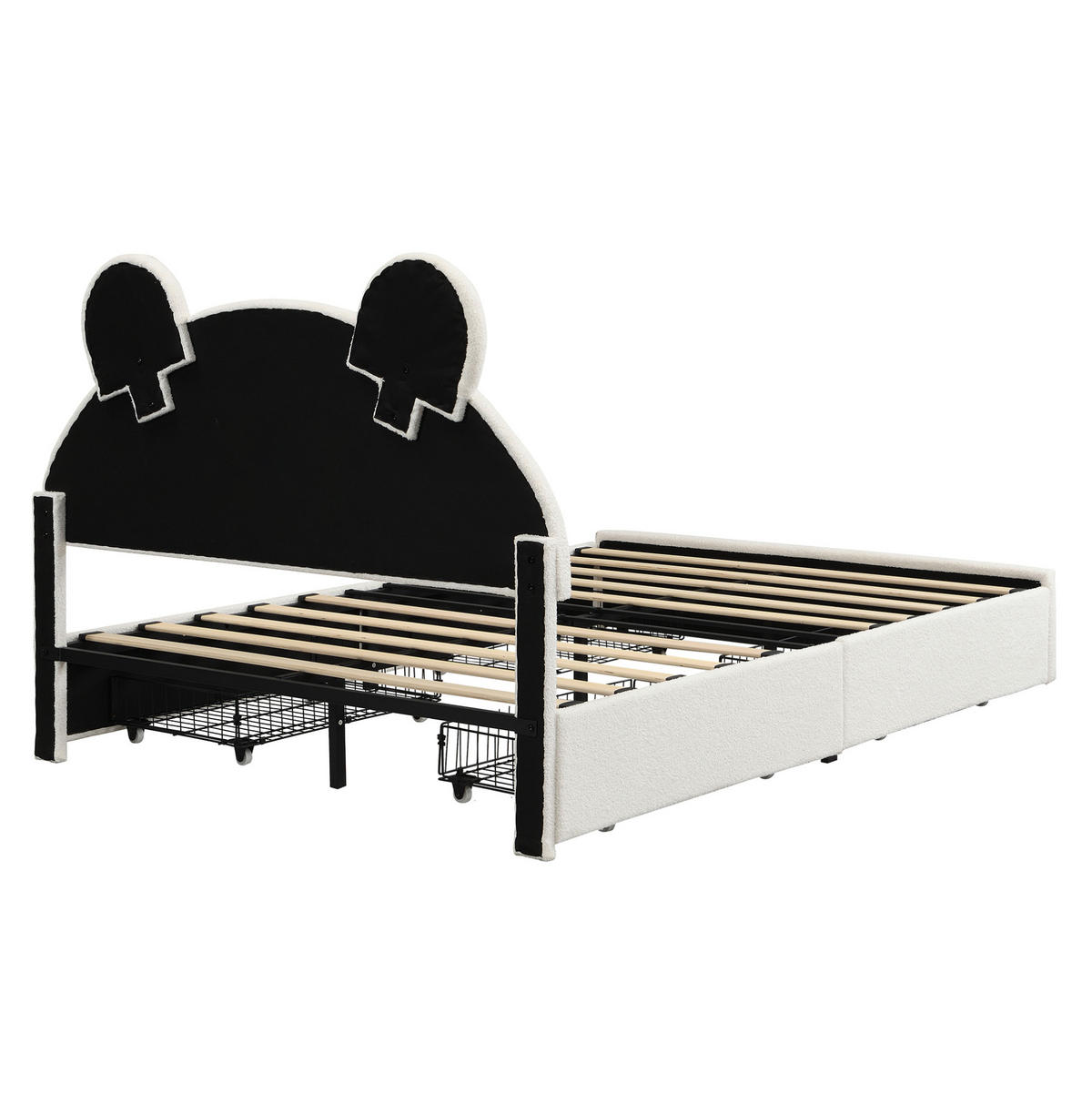 KINDER-POLSTERBETT aus Samt 140x200 cm Beige mit 4 Schubladen, Bären-Kopfteil und App-LED - Beige, Textil (140/200cm) - Modfu