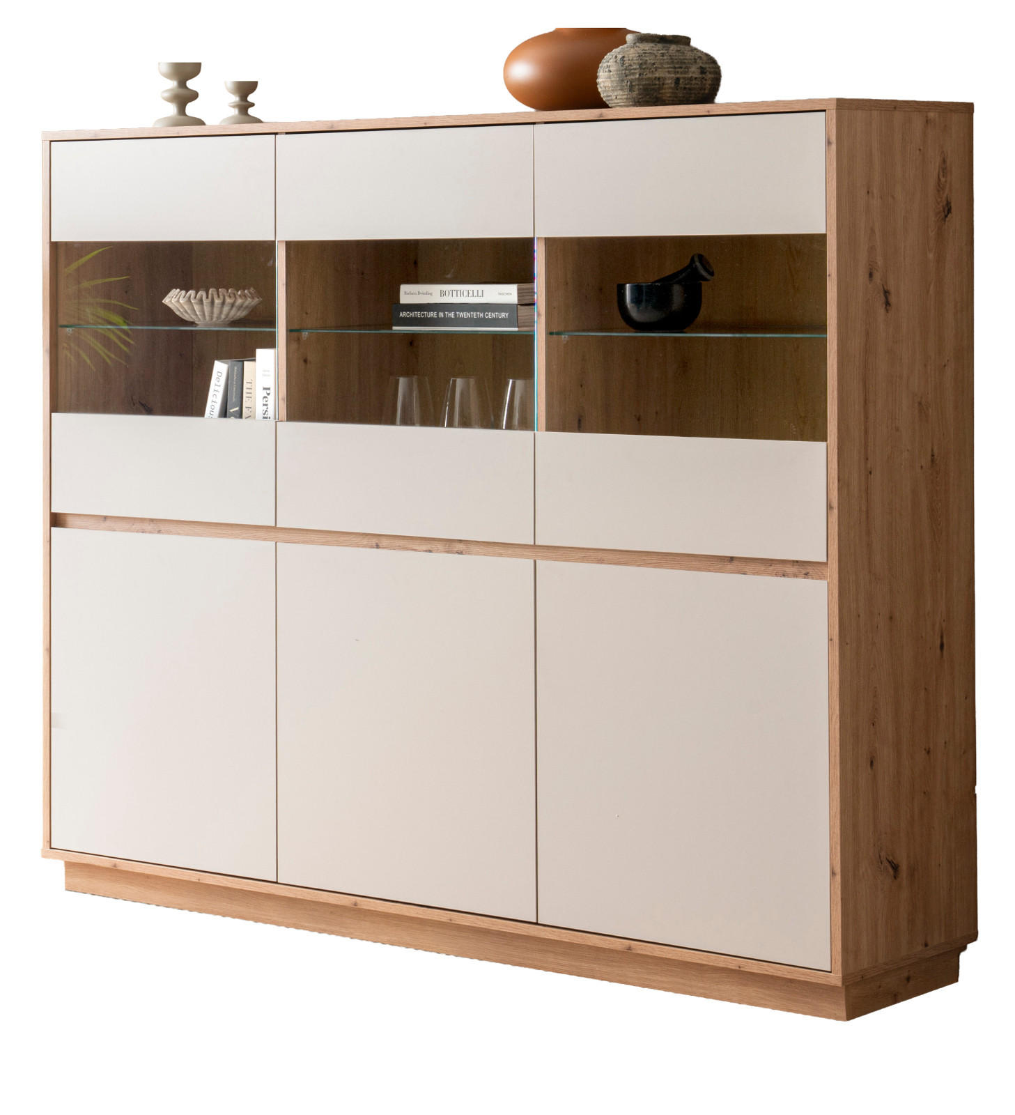 HIGHBOARD Kaschmir, Artisan Eiche 164 cm, Vitrine mit Soft-Close - Kaschmir/Eiche Artisan, Glas/Holzwerkstoff (164/138/40cm) - Furn.Design