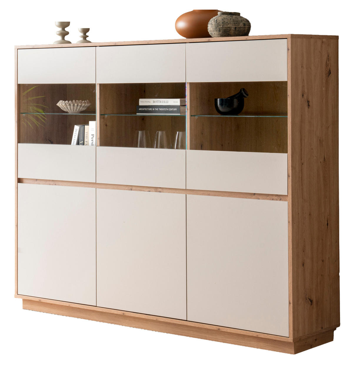 HIGHBOARD Kaschmir, Artisan Eiche 164 cm, Vitrine mit Soft-Close - Kaschmir/Eiche Artisan, Glas/Holzwerkstoff (164/138/40cm) - Furn.Design