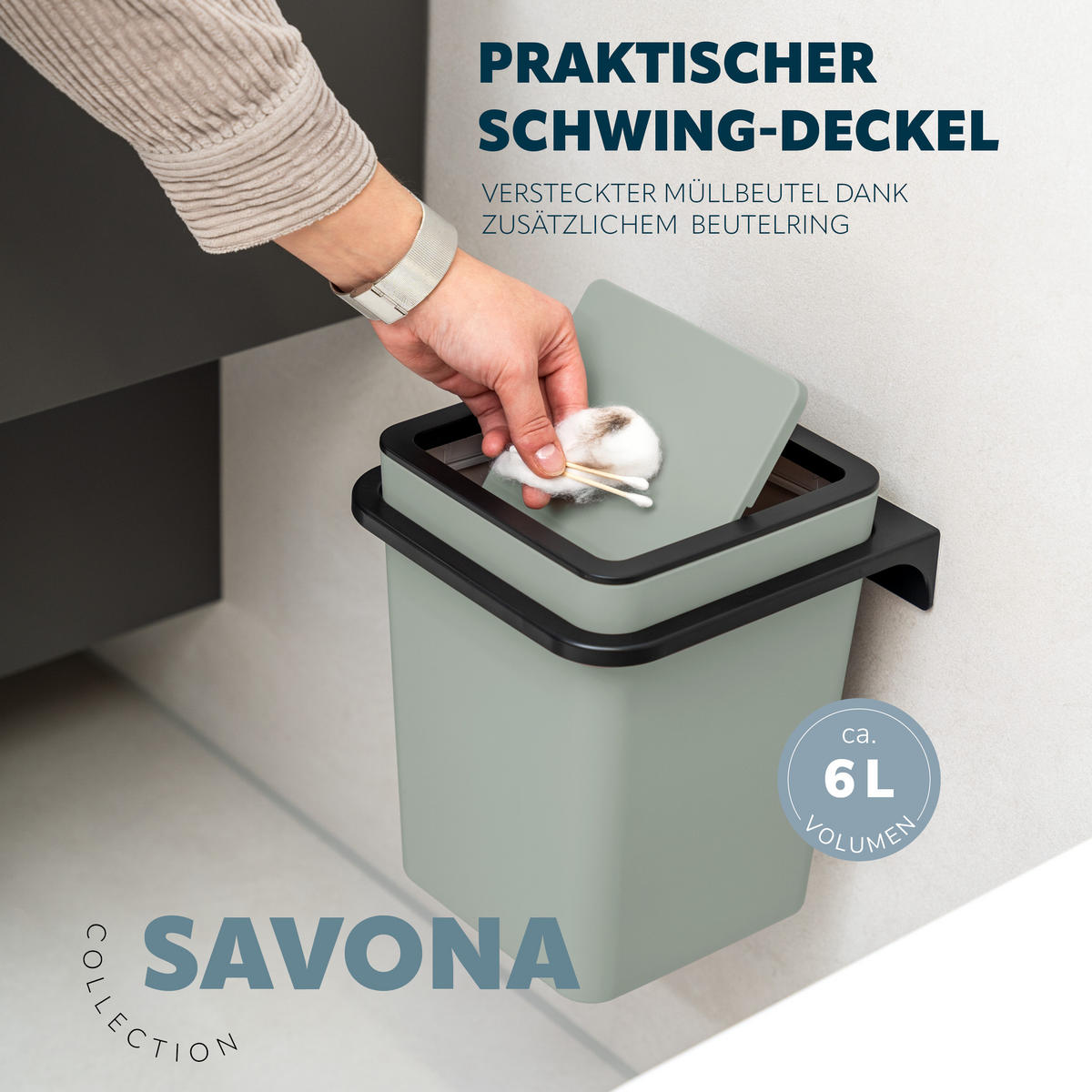 BAD-ACCESSOIRE-SET 2-TLG. Bürste u. Eimer SAVONA Softtouch inkl. Wandhalterung, eckig - salbei - Salbeigrün, Kunststoff (18/25/21cm) - bremermann