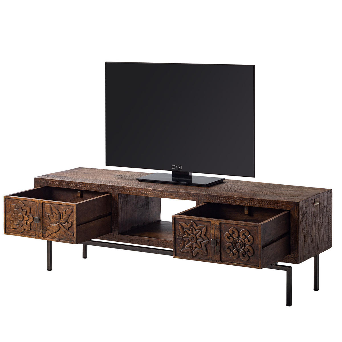 TV-LOWBOARD - Akazie massiv / Metall - Akazie / Schwarz - Akaziefarben, Holz/Metall (148/47/40cm) - home24