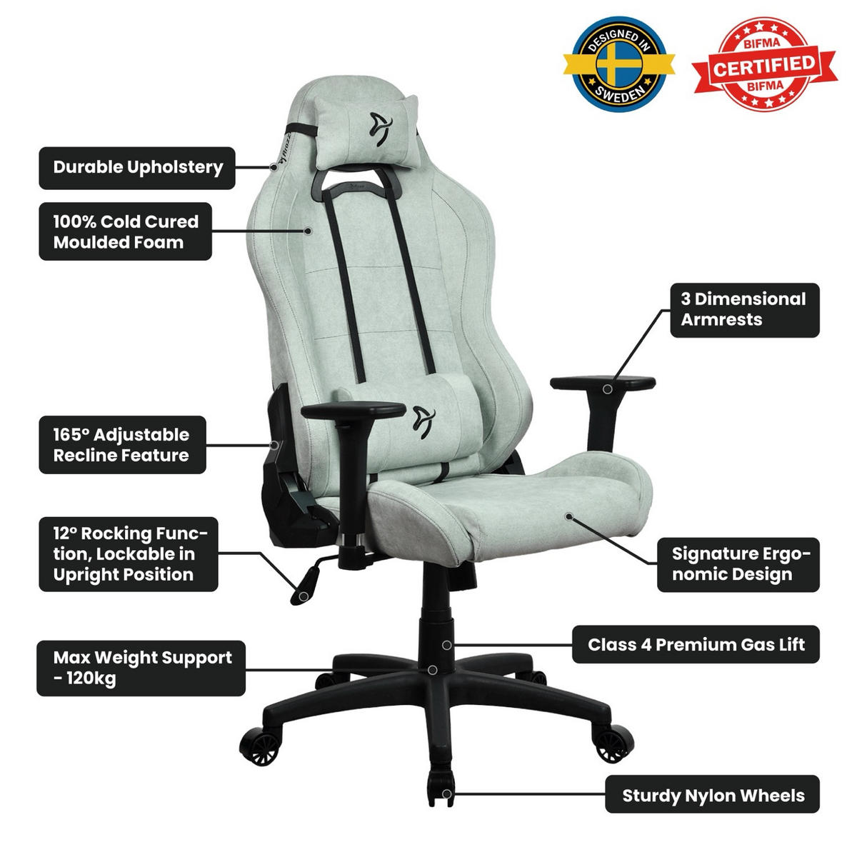 GAMINGSTUHL Torretta SoftFabric™ Perlgrün - Schwarz/Mintgrün, Kunststoff/Textil (70/135/50cm) - Arozzi