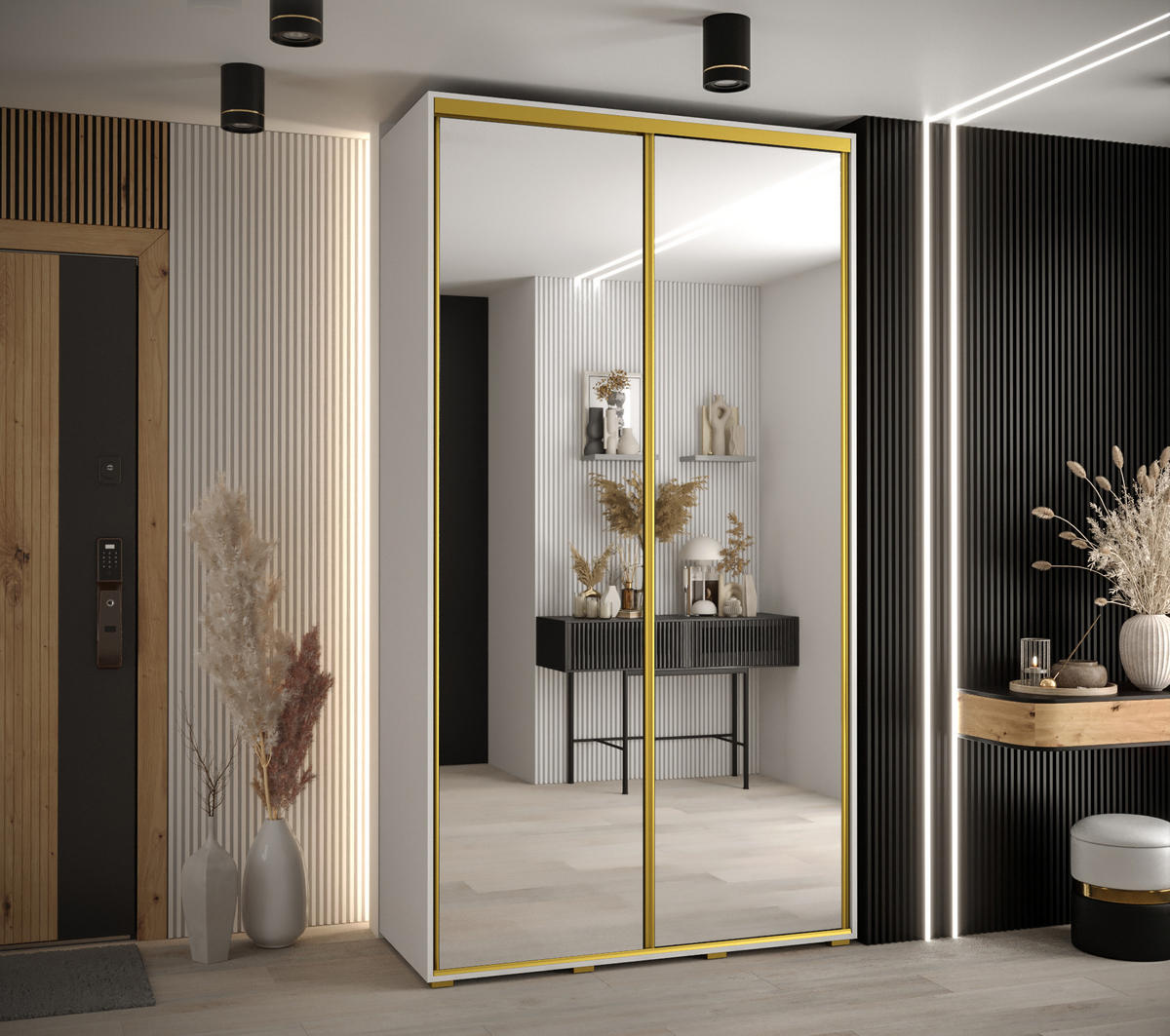 SCHWEBETÜRENSCHRANK 235,2/130/60 2-türig - Goldfarben/Weiß, Holz/Metall (130/235/60cm) - Abiks Möbel