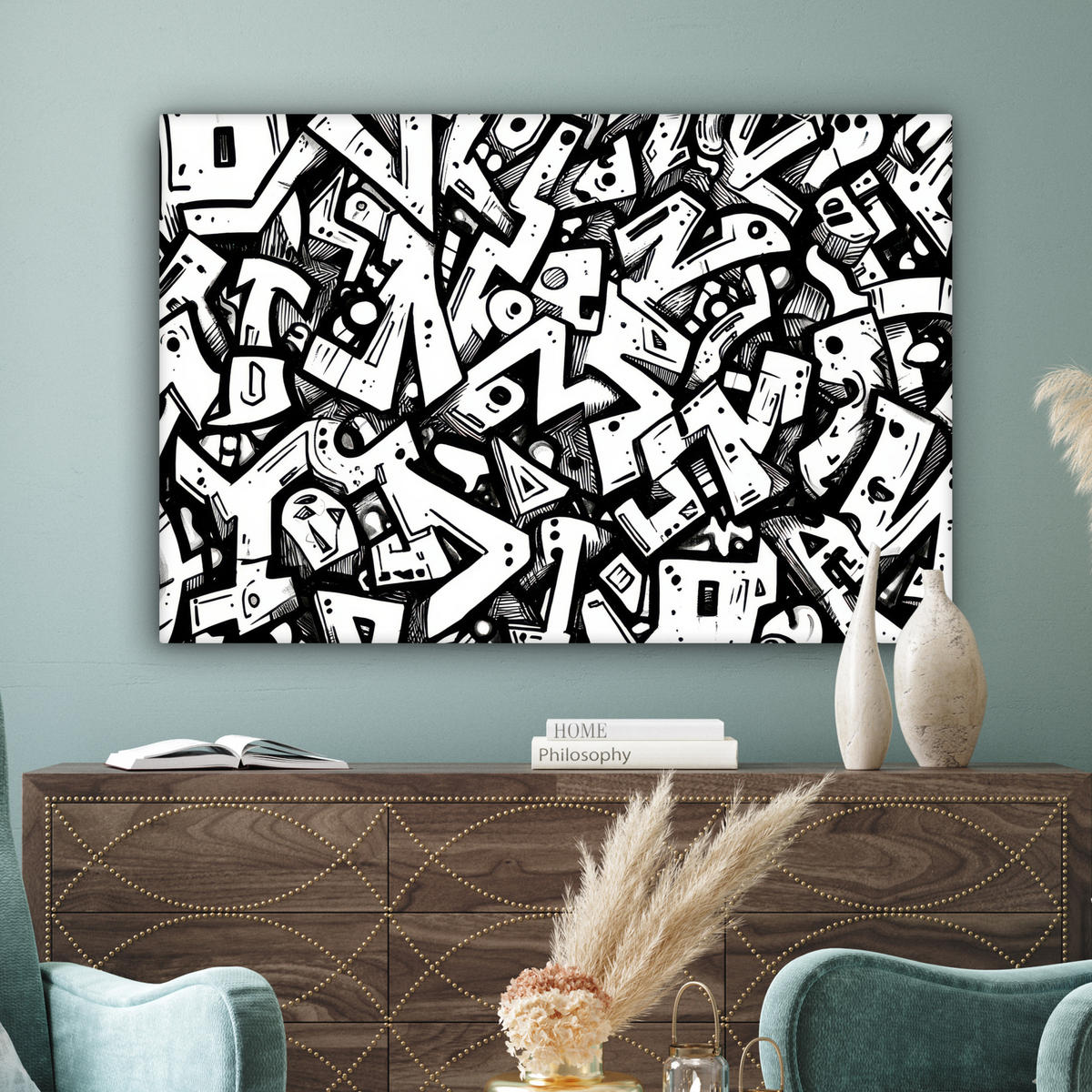LEINWANDBILD Formen - Buchstaben - Graffiti - Schwarz Groß 140x90 cm - Schwarz, Textil (140/90cm) - MuchoWow