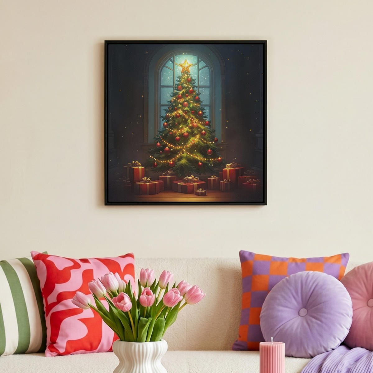 LEINWAND Bilder mit Rahmen - Weihnachtsbaum - Geschenk - Winter - 50x50 - Grün, Textil (50/50cm) - MuchoWow