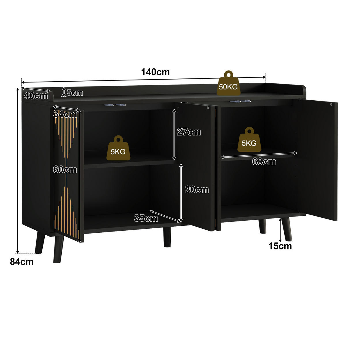 SIDEBOARD DE-38640 140/40/84 cm 4 Türen und verstellbare Böden Schwarz - Schwarz, Holzwerkstoff (140/84/40cm) - ComfortXL