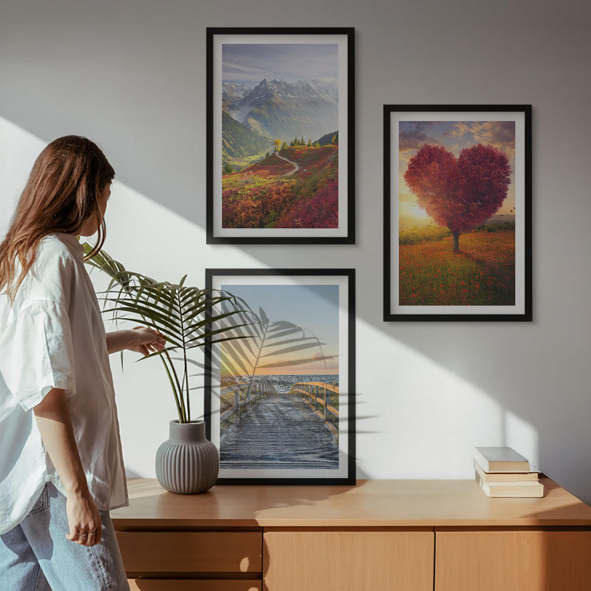 BILDER SET 3er Set - 40x60 cm Schwarzer Rahmen - Landschaften Berge Baum Herz Pier - Schwarz, Kunststoff (40/60cm) - TULUP