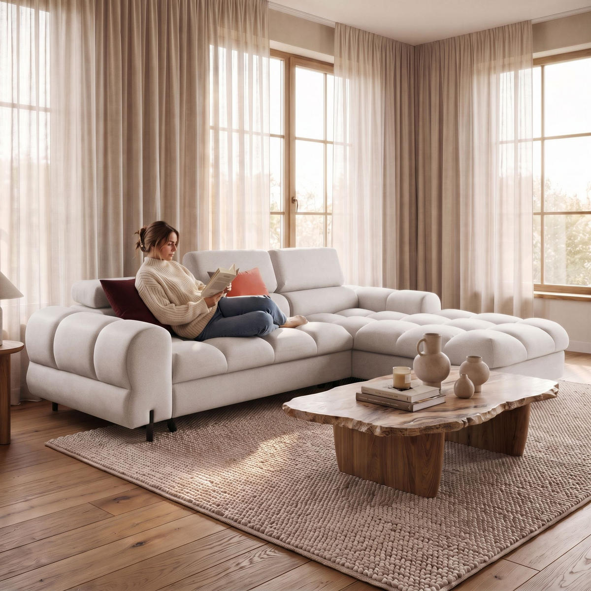 ECKSOFA UFFO L Rechts mit Schlaffunktion 260x195 Velours Creme - Creme/Schwarz, Holz/Textil (195/260cm) - Muffo