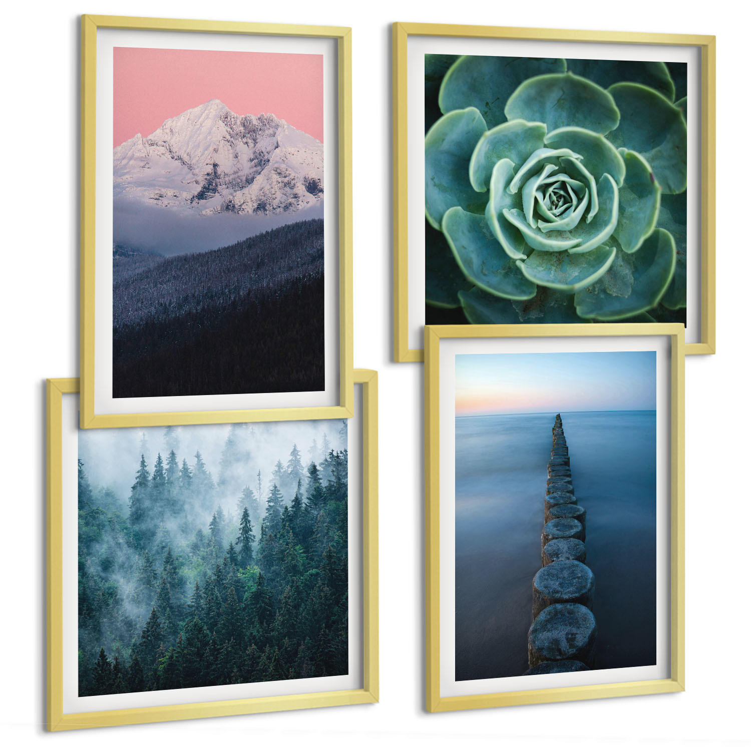 BILDER SET 4er Set - 50x50 cm & 40x60 cm Goldrahmen - Berge, rosa Himmel, Wasser, Sukkulente - Goldfarben, Kunststoff (50/50cm) - TULUP