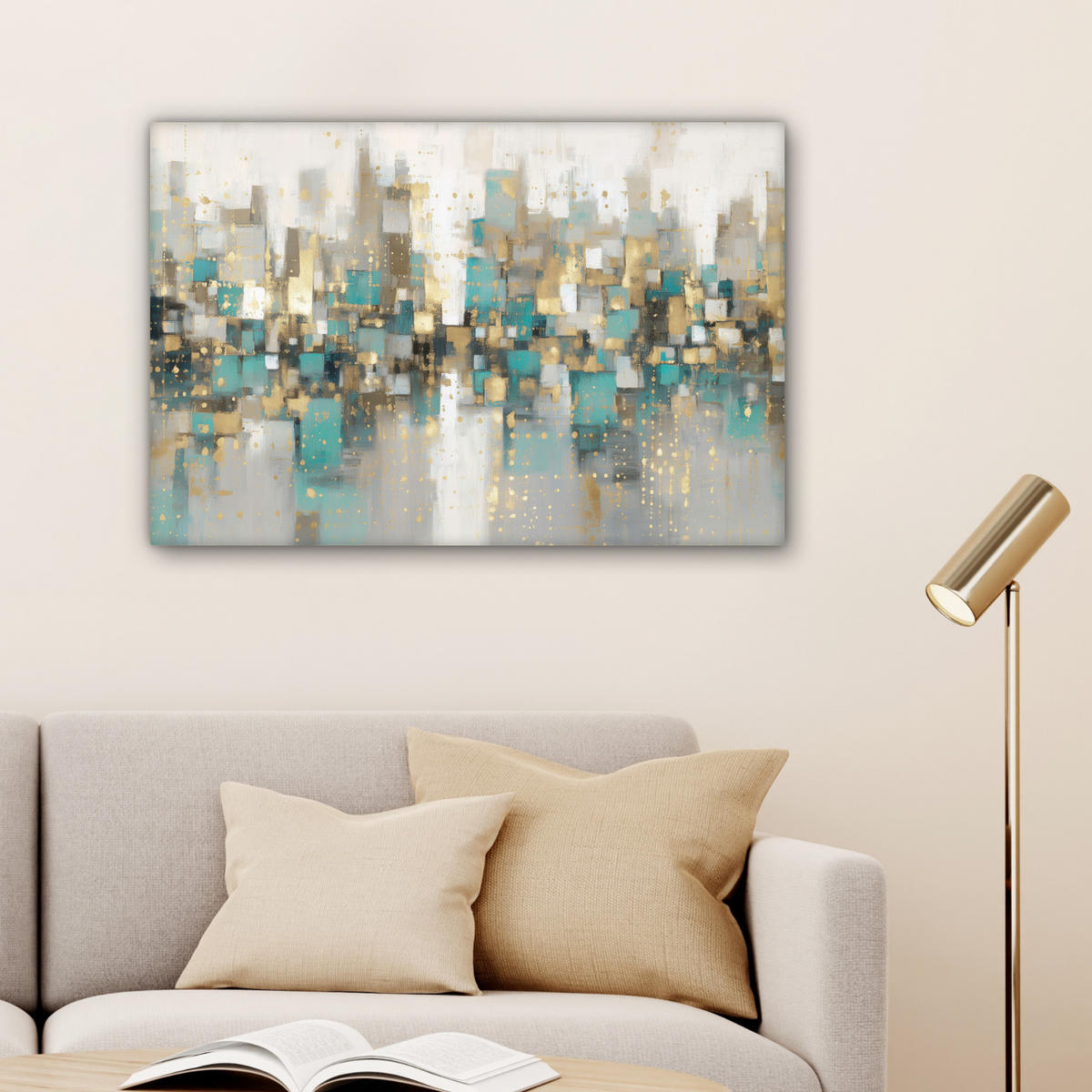 LEINWANDBILD Abstrakt - Blöcke - Gold - Skyline Wanddeko 90x60 cm - Beige, Textil (90/60cm) - MuchoWow