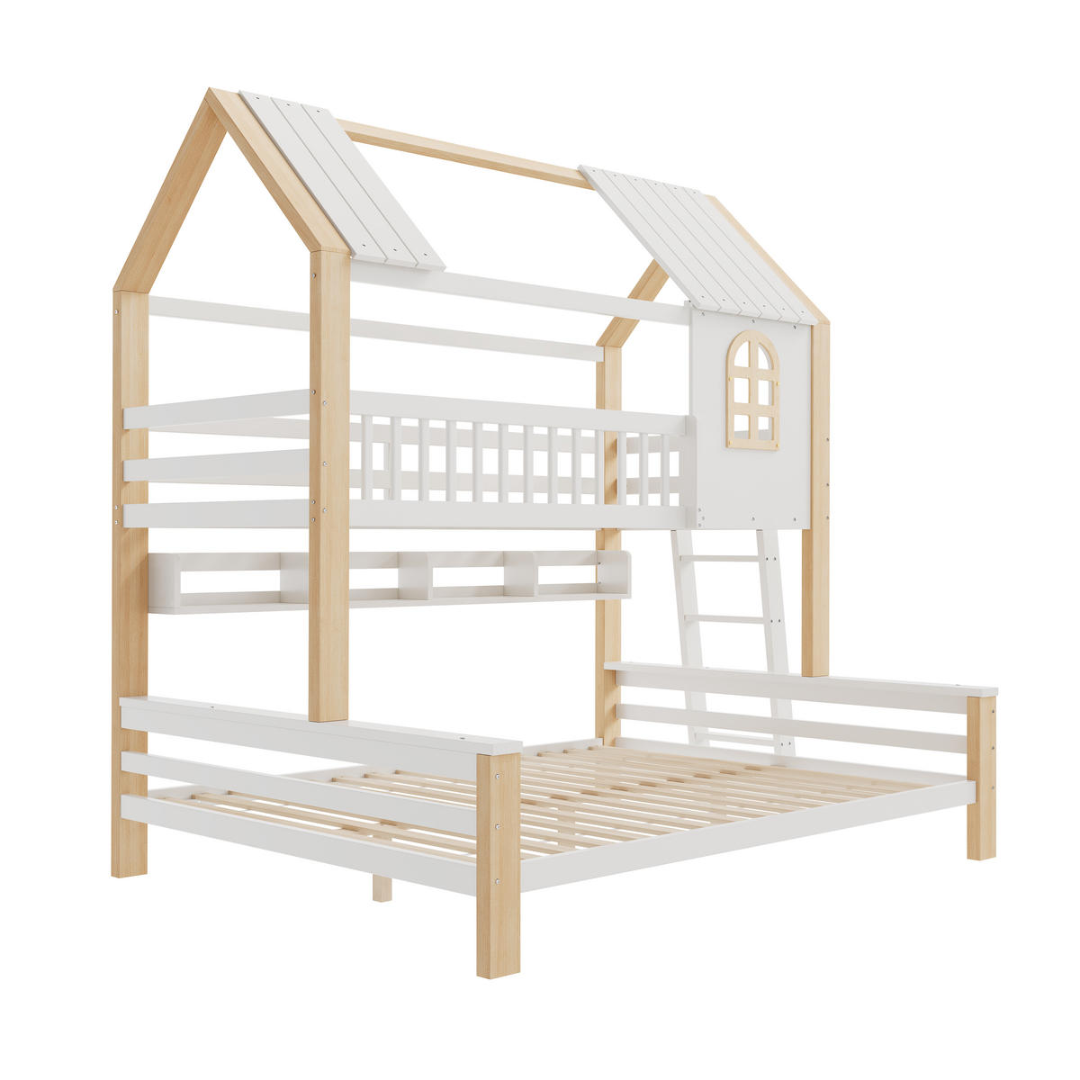ETAGENBETT 90x200/140x200 mit Leiter, Dach/Rausfallschutz, Holz, Weiß/Natur - Weiß, Holz - LVHOM