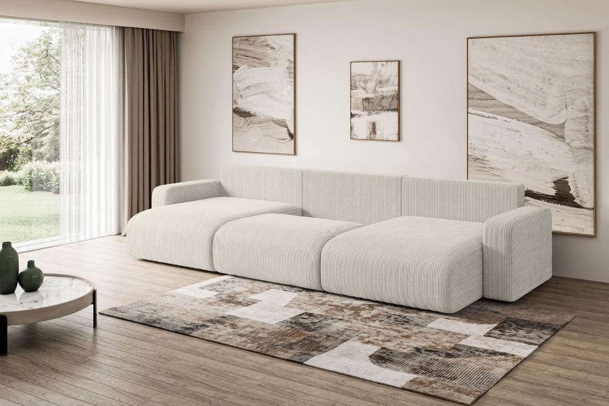 WOHNLANDSCHAFT mit Schlaffunktion und Bettkasten KLEEA-U - 347x143x83 cm Creme Cord - Hellgrau/Creme, Holzwerkstoff/Kunststoff (347/83/143cm) - ALTDECOR