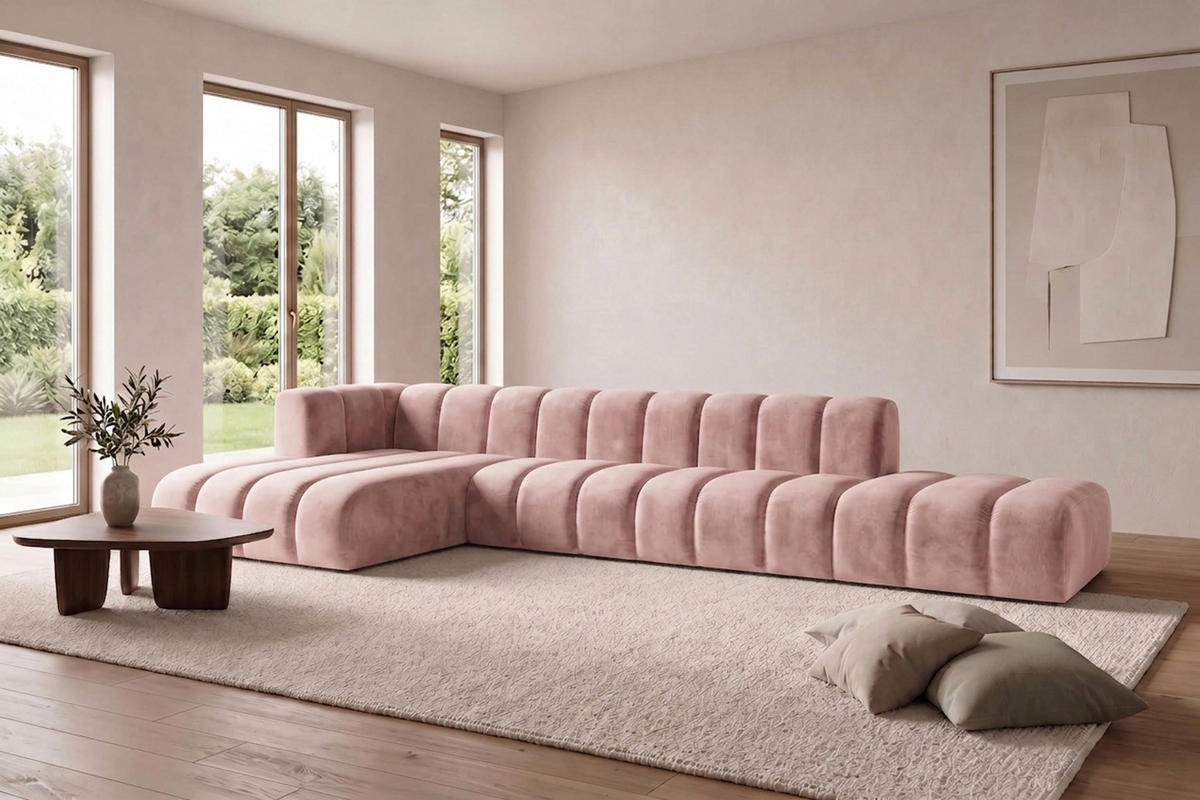 ECKSOFA Modulares In L-Form Mit Hocker, Velvet-Stoff Riviera, Hellrosa, Links, GRAND - Hellrosa, Holz (386/179cm) - Kaiser Möbel
