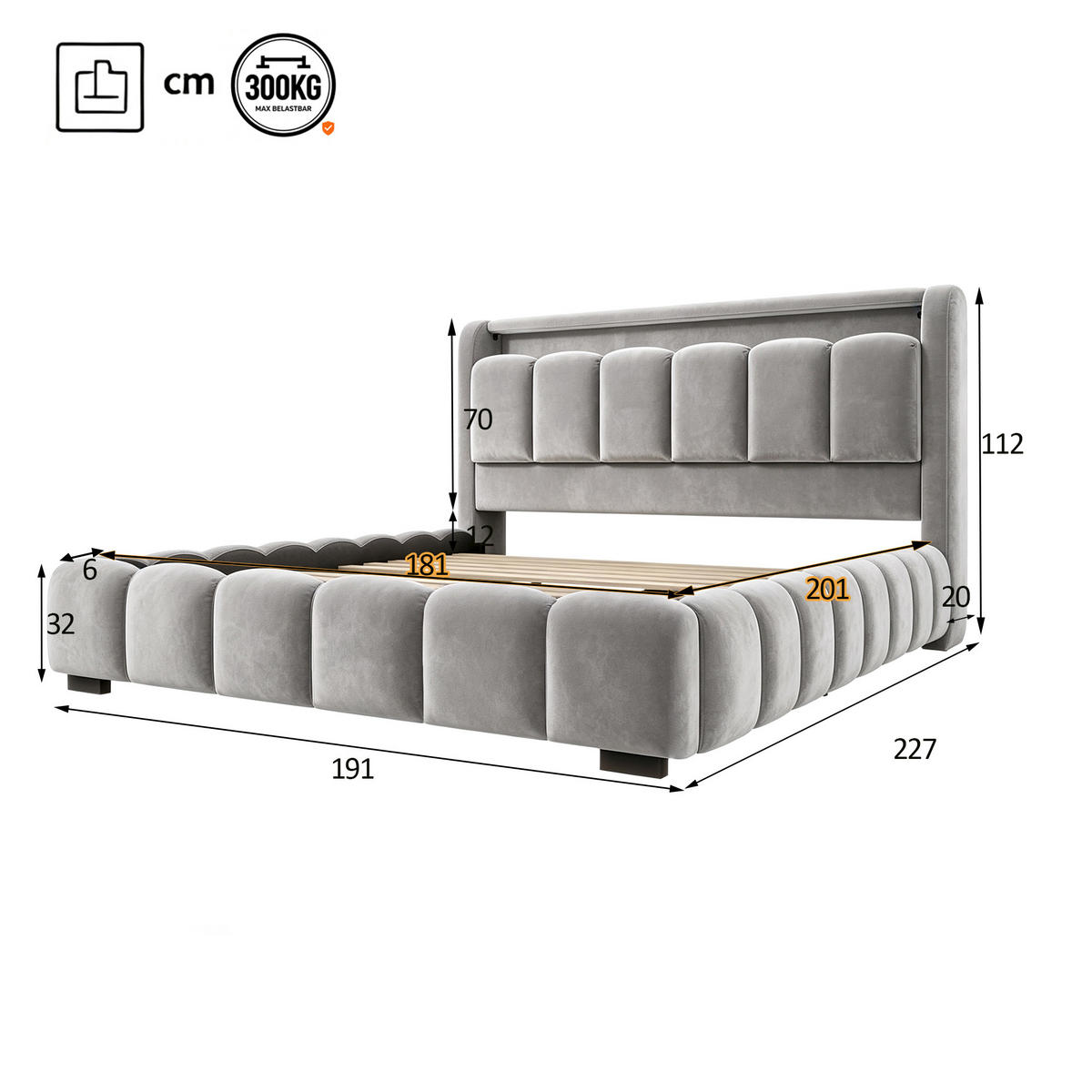 POLSTERBETT 180/200 mit LED/USB, Kopfteil Stauraum, Samt, Grau - Grau, Holz (180/200cm) - LVHOM