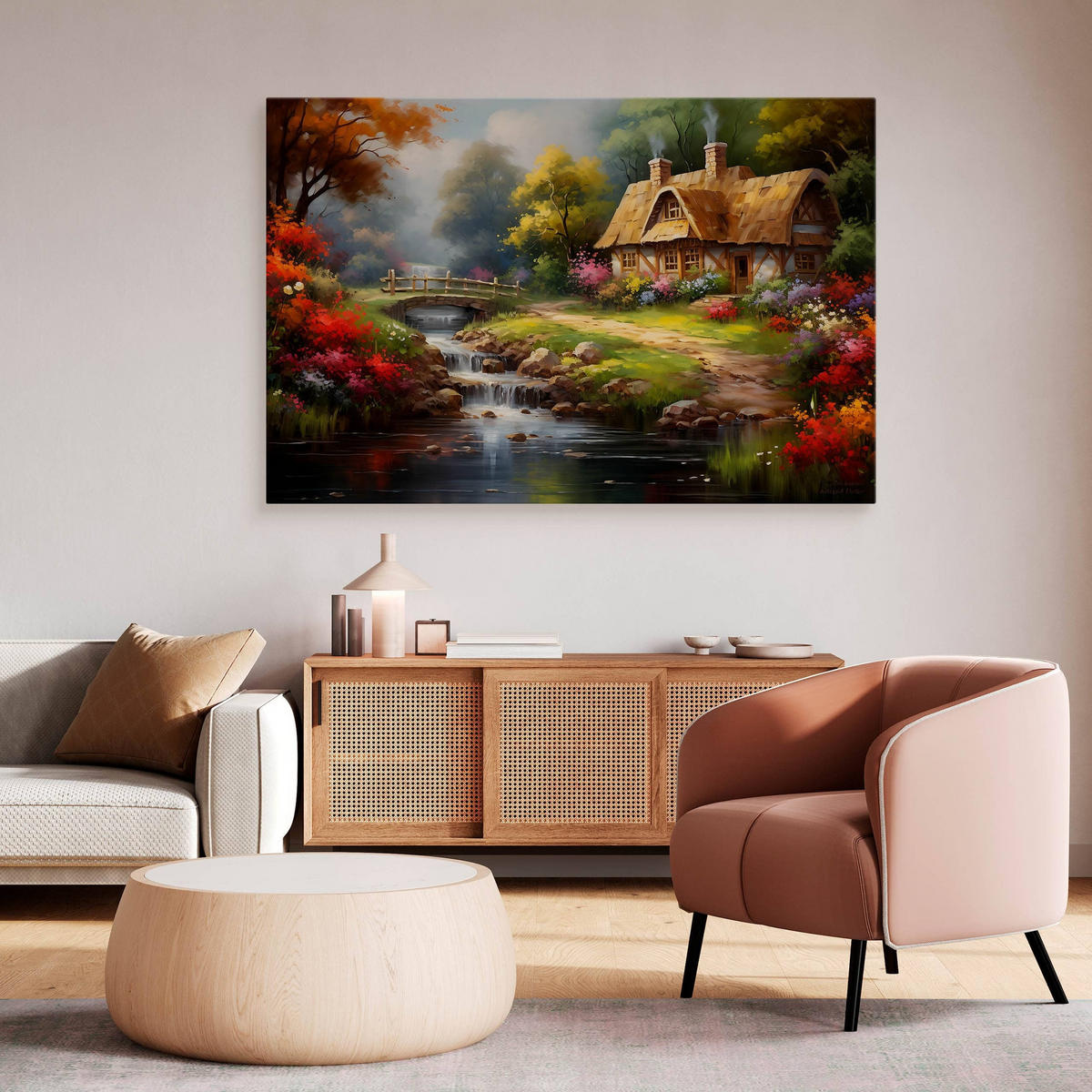 LEINWANDBILD ländlichem Häuschen Wald Natur Landschaft 120cm x 80cm - Beige/Rot, Textil (120/80cm) - Muralo