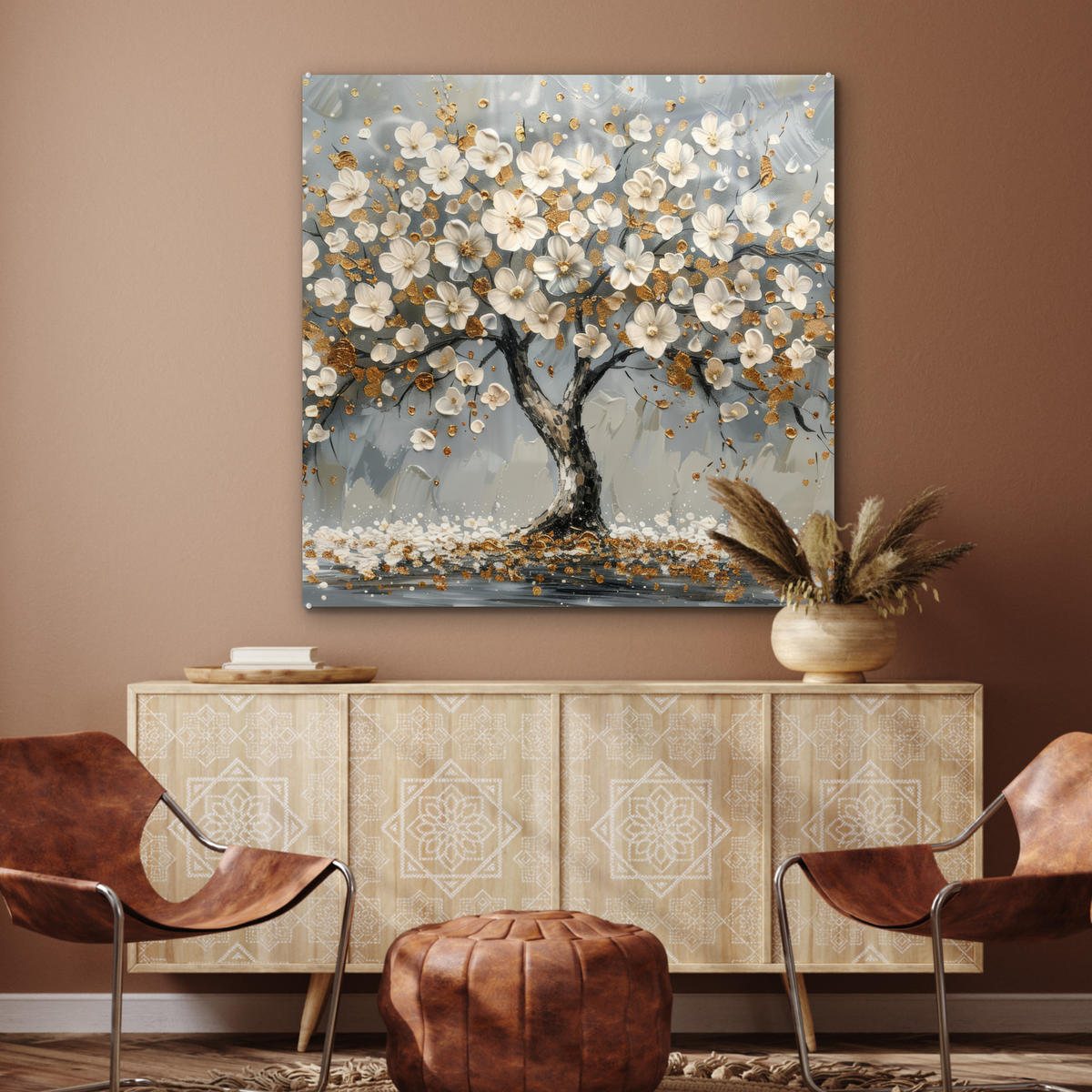 ACRYLGLASBILD Baum - Blumen - Weiß - Natur - Kunst 90x90 cm - Weiß, Glas (90/90cm) - MuchoWow