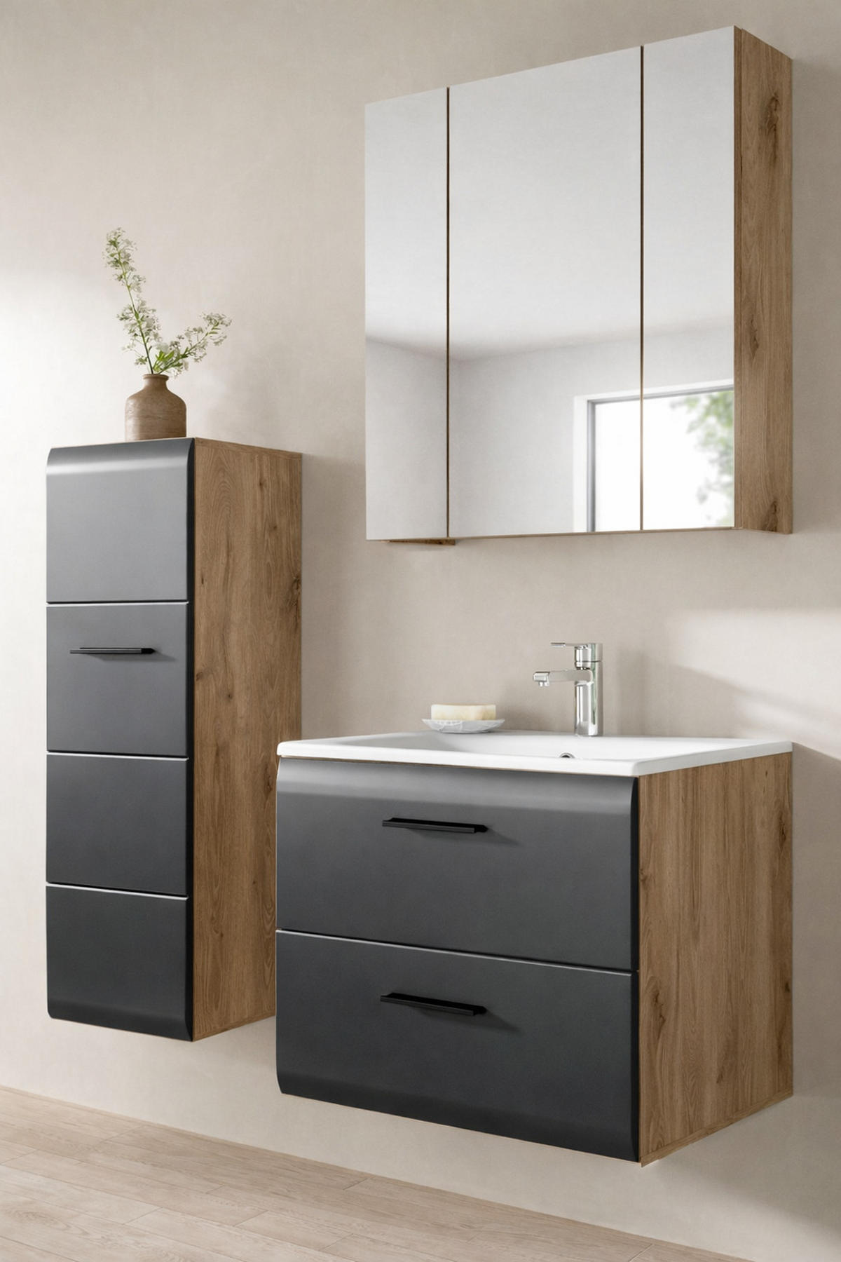 BADMÖBEL Set 3-teilig in schwarz matt und Eiche, Badezimmer komplett mit Waschbecken, 105 x 185 cm Cover - Eichefarben/Schwarz, Glas/Holzwerkstoff (105/185/46cm) - Inn.Furn