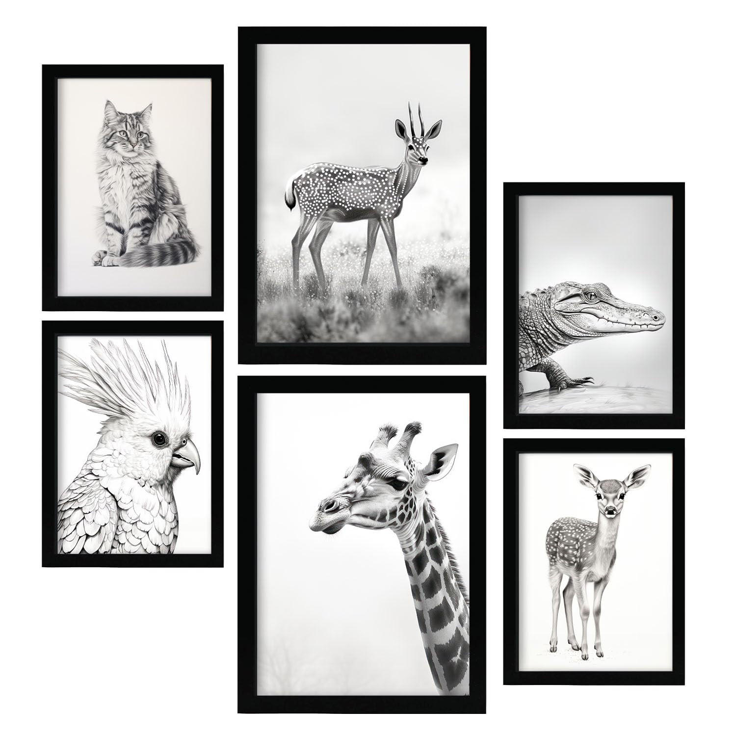 POSTER Set Mit 6 Bleistifttiere A3 & A4 Schwarzer Rahmen - Schwarz, Papier (29/3cm) - Nacnic