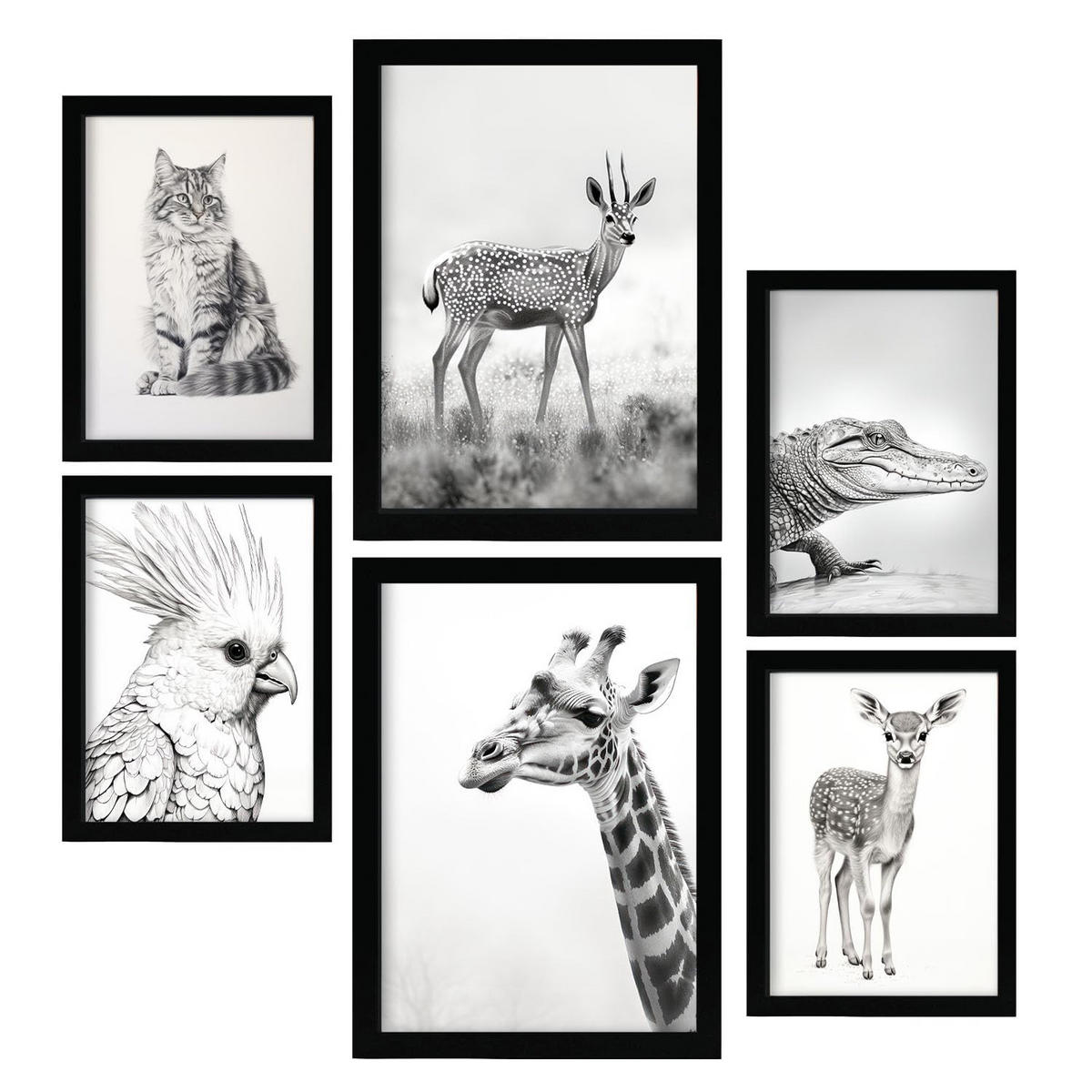 POSTER Set Mit 6 Bleistifttiere A3 & A4 Schwarzer Rahmen - Schwarz, Papier (29/3cm) - Nacnic