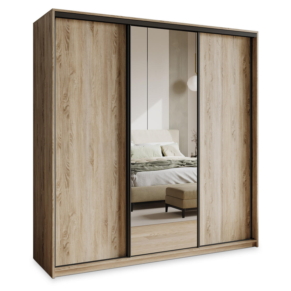 SCHWEBETÜRENSCHRANK TAVI 180/205/60 cm 3-türig mit Spiegel und Schubladen Sonoma Eiche - Schwarz/Sonoma Eiche, Holzwerkstoff (180/205/60cm) - MASSENO