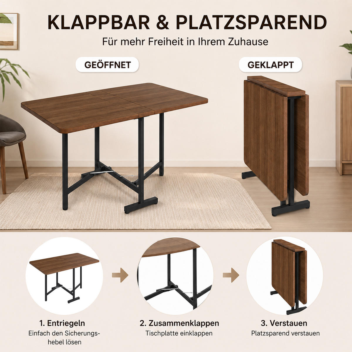 KLAPPTISCH 120/80 cm DE-39804 Walnussholzfarbe - Walnussfarben, Holzwerkstoff (80/120/75cm) - ComfortXL