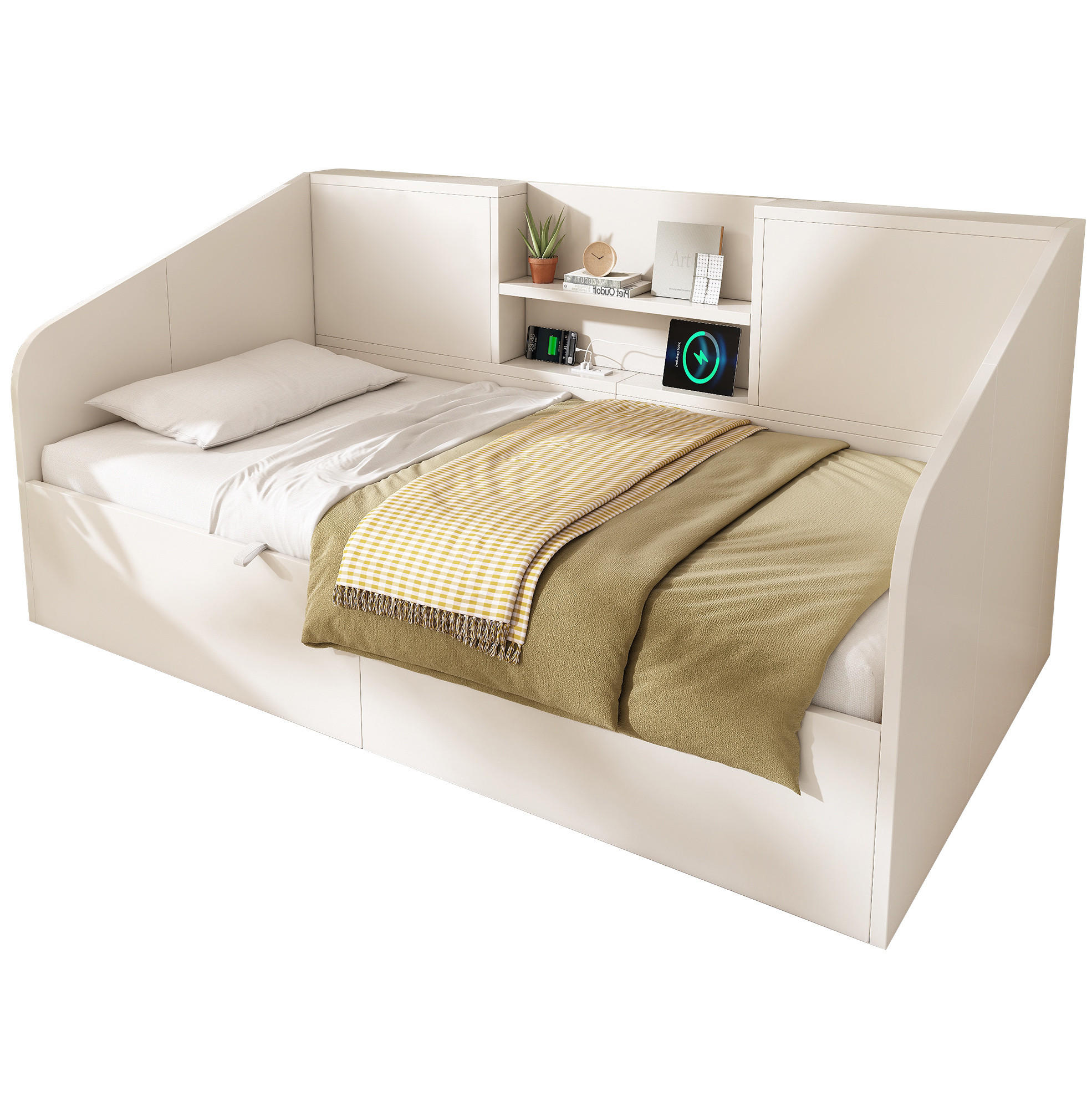 DENNÁ posteľ z MDF a masívneho dreva 90x190 cm biela s USB/Type-C nabíjaním a úložným priestorom - biela, kompozitné drevo (90/190cm) - Modfu