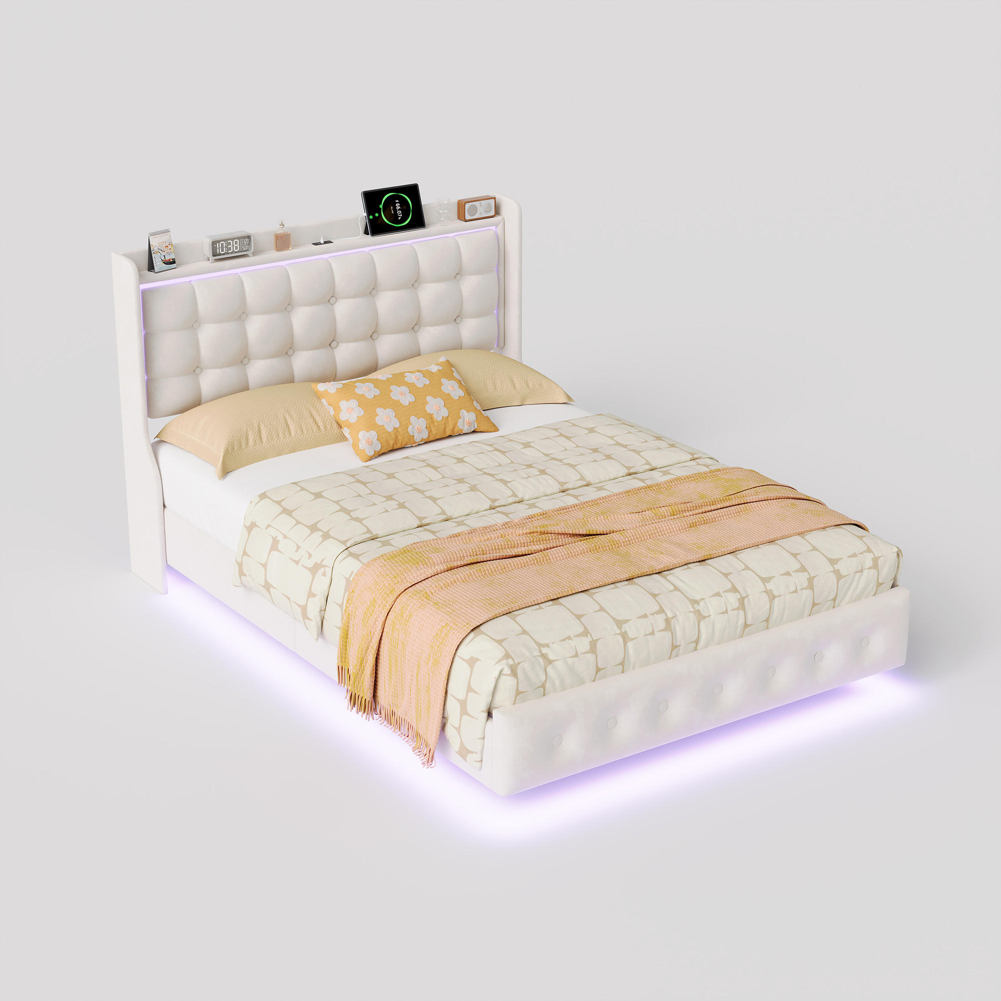 POLSTERBETT 140x200 mit LED, USB und Lattenrost,Schwebebett Design Samt,Beige - Beige, Holz (140/200cm) - PARAFTA HOME