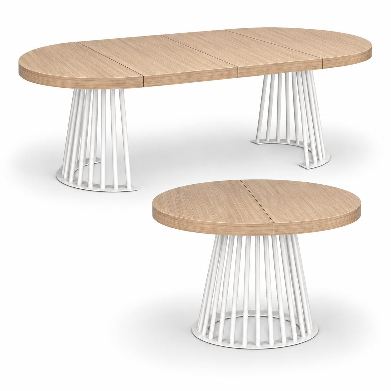 ESSTISCH rund ausziehbar 110/210/76 cm, Eiche Hikora Egger Natur, 54 cm Tischplatte + Lamellen-Metallgestell Weiß - Hellbraun/Eichefarben, Holzwerkstoff/Metall (110/210/76cm) - Damale Möbel