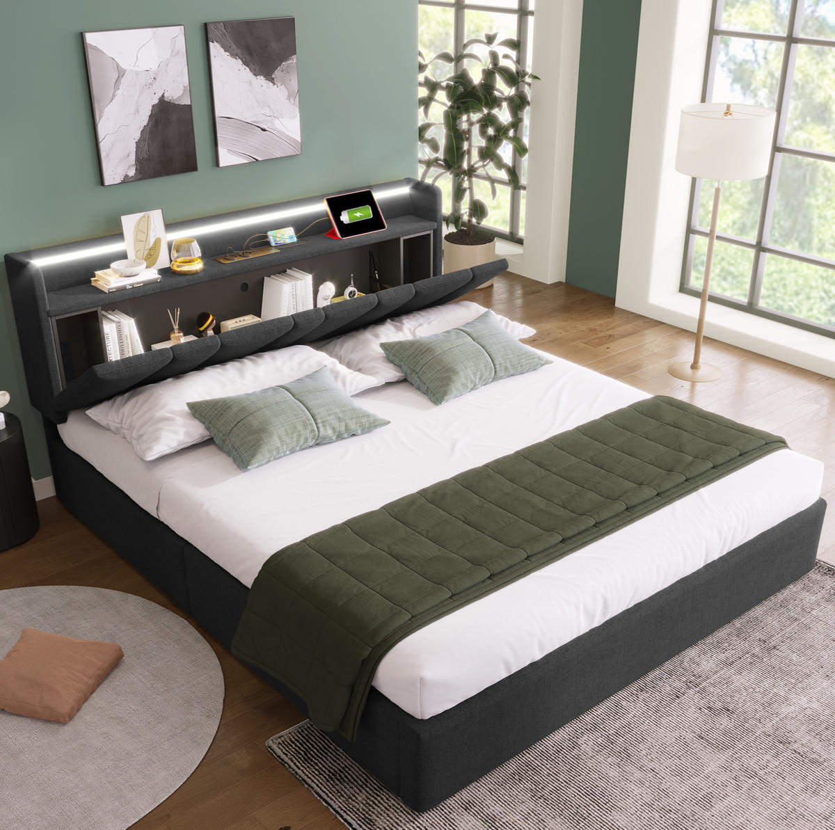 POLSTERBETT aus Leinen 140x200 cm in Grau mit LED & Matratze - Grau, Textil (140/200cm) - Modfu