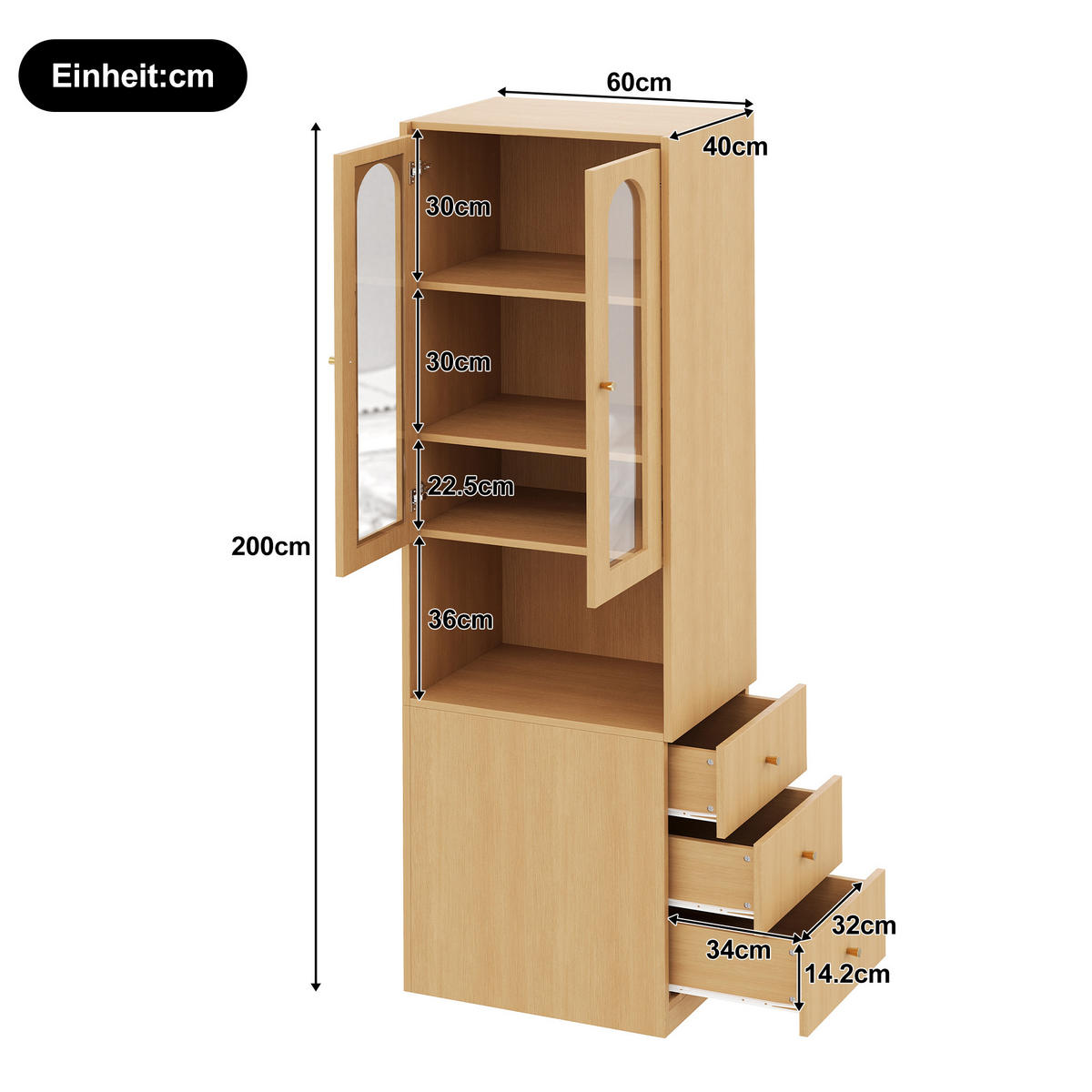 BÜCHERREGAL Hochschrank 60cm Holz Glas LED modern - Eichefarben, Holzwerkstoff (60/200/40cm) - FLIEKS