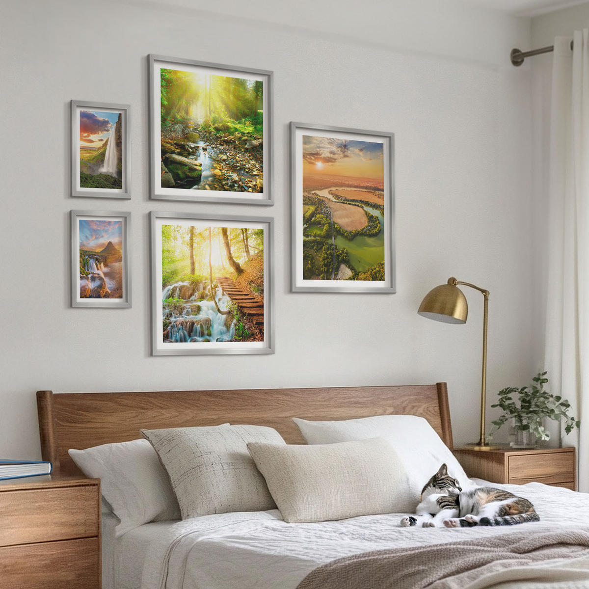 WANDBILDER 5er Set - 50x50 cm & 20x30 cm & 40x60 cm Silberner Rahmen - Orange Mountain Wasserfall - Silberfarben, Kunststoff (40/60cm) - ArtPrintCave
