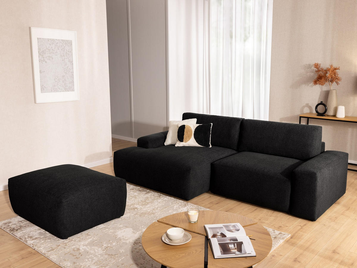 ECKSOFA inkl. Hocker Lennon aus Schwarz Strukturstoff mit Schlaffunktion und Bettkasten - Schwarz, Holz/Kunststoff (137/264cm) - S-Style