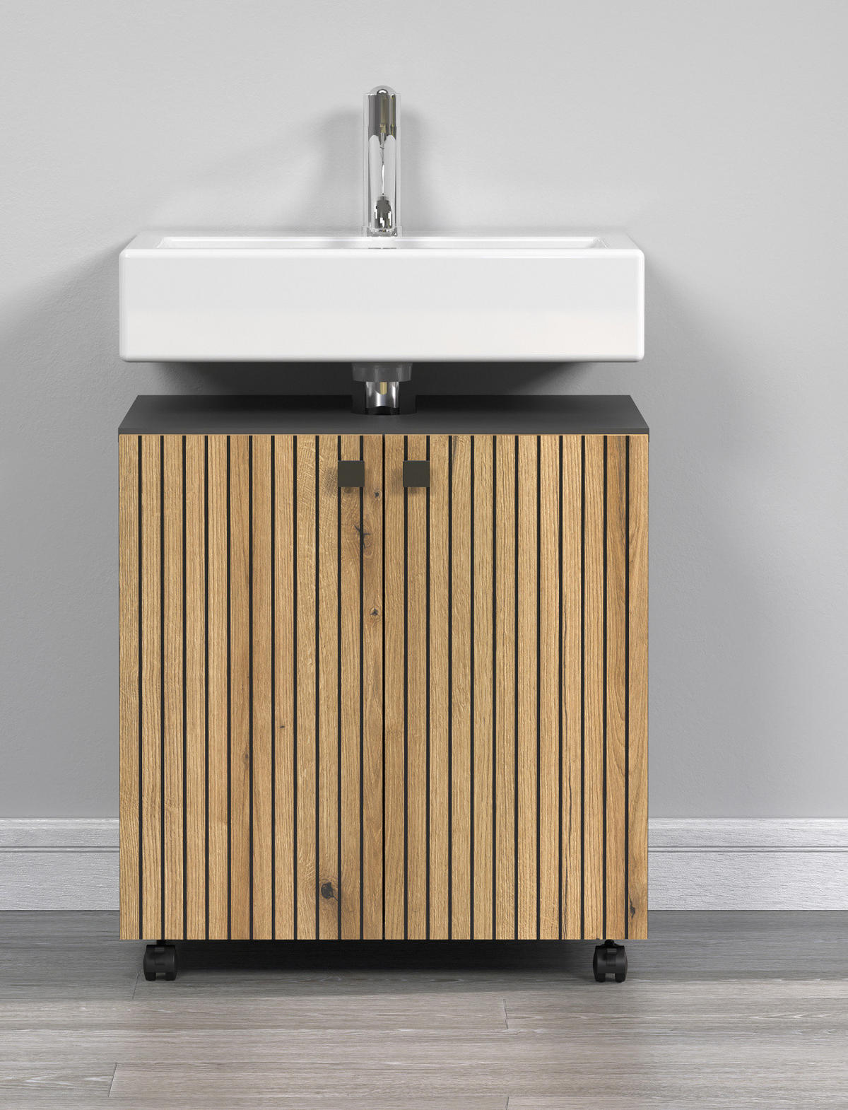 WASCHBECKENUNTERSCHRANK Evoke Eiche, grau 60 cm, Badschrank auf Rollen - Eichefarben/Anthrazit, Holzwerkstoff/Metall (60/64/42cm) - Top.Furn