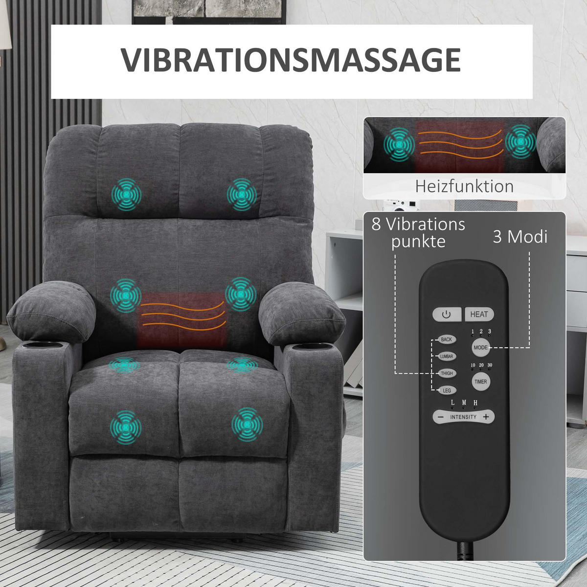 MASSAGESESSEL DE-06396 elektrisch, Wärme, 135° neigbar Dunkelgrau - Dunkelgrau, Textil/Metall (95/109/91cm) - ComfortXL