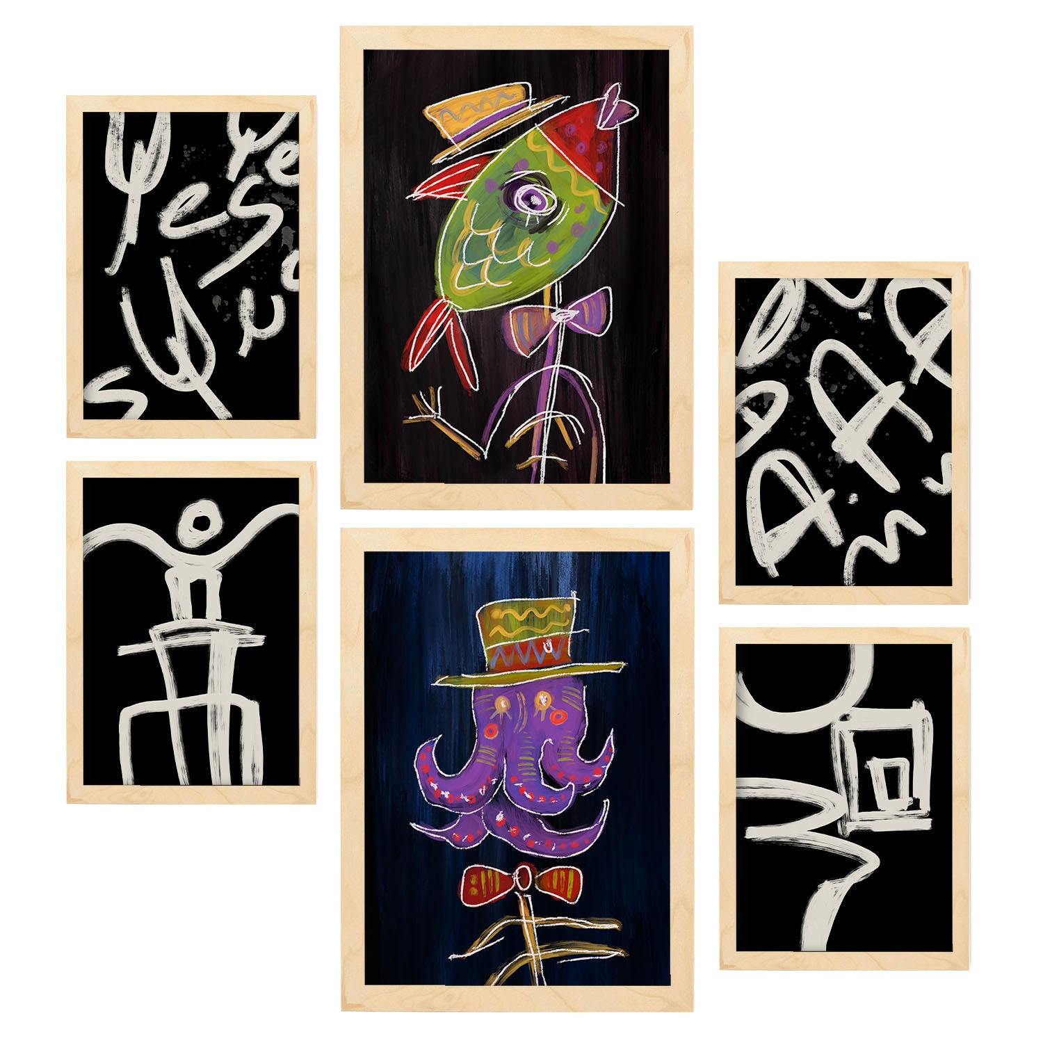 POSTER Set Mit 6 Aufsichtsfang 1 In Tiere Zusammenfassungen A3 & A4 Rahmen Aus Hellem Holz - Beige, Papier (29/3cm) - Nacnic