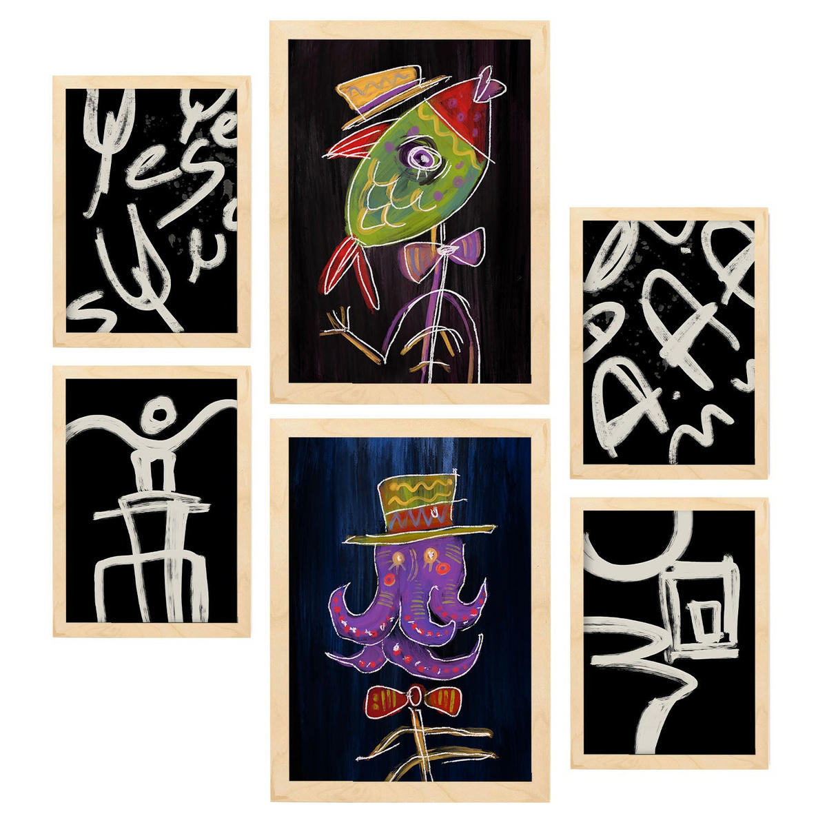 POSTER Set Mit 6 Aufsichtsfang 1 In Tiere Zusammenfassungen A3 & A4 Rahmen Aus Hellem Holz - Beige, Papier (29/3cm) - Nacnic