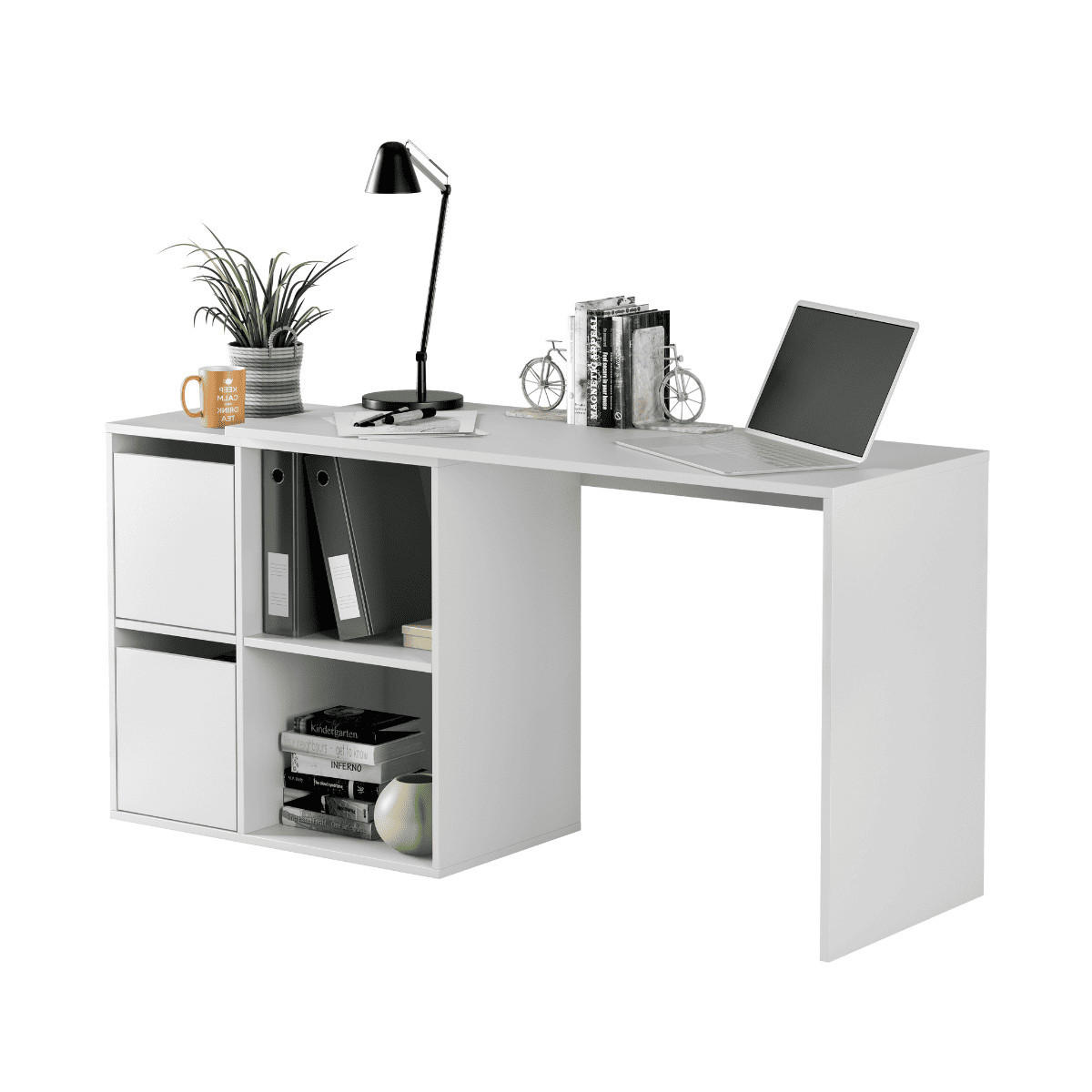 ECKSCHREIBTISCH Umkehrbarer, 4 Fächer und 2 Türen, Weiß 120/74/77 cm - Weiß, Holzwerkstoff (51/120/74cm) - Calicosy