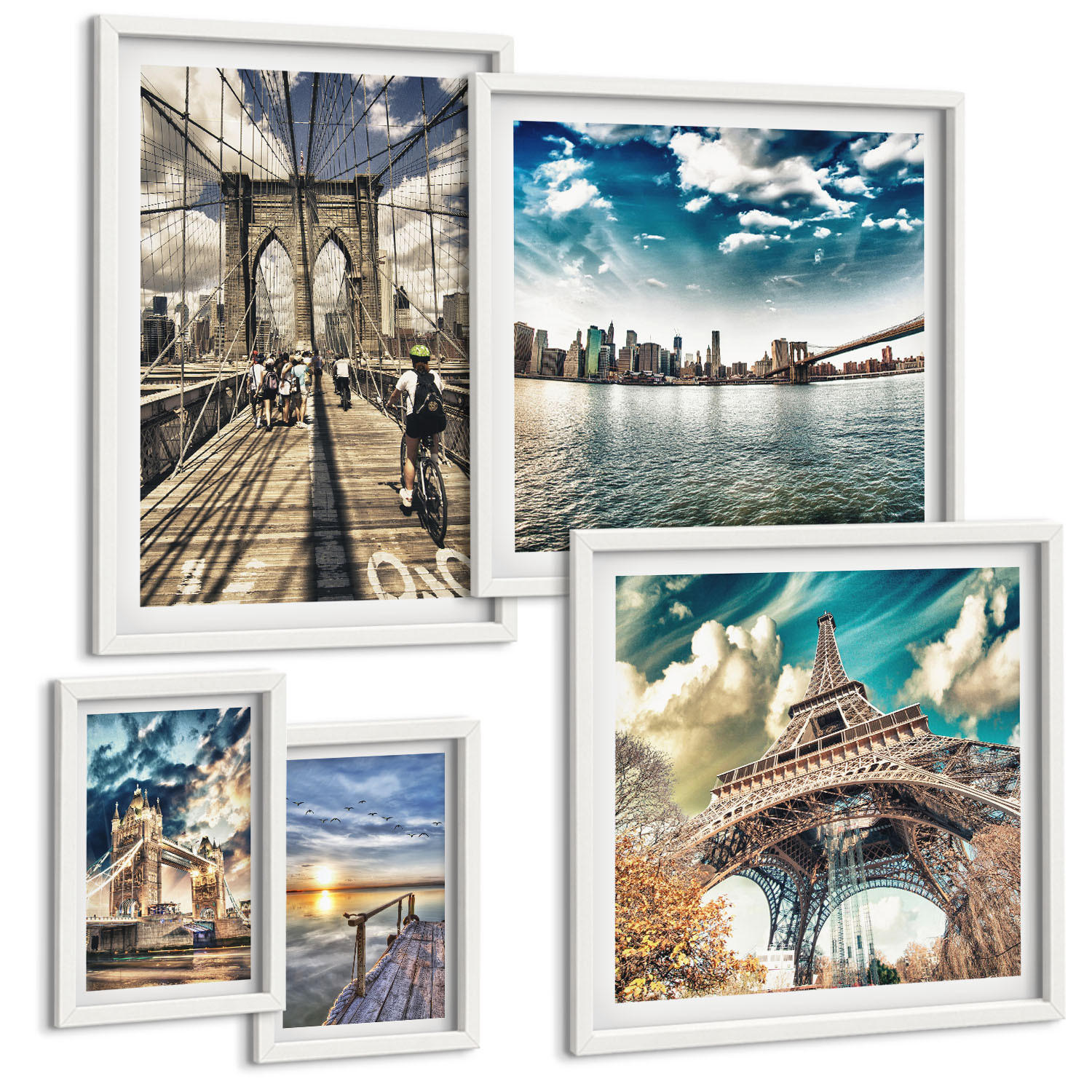 BILDER SET 5er Set - 50x50 cm & 20x30 cm & 40x60 cm Weißer Rahmen - Abstrakte geometrische Formen - Weiß, Kunststoff (40/60cm) - TULUP