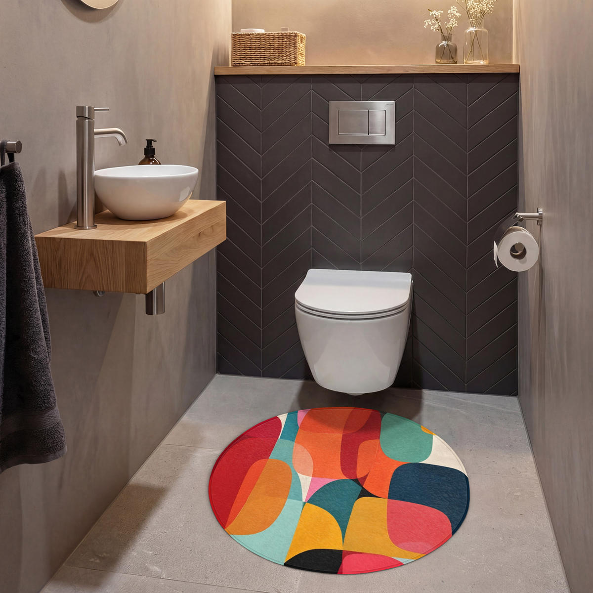 WC PŘEDLOŽKA Tvary - barevné - abstraktní - letadla 70x70 cm - různobarevná, textil/plast (70/1cm) - OnlyWow